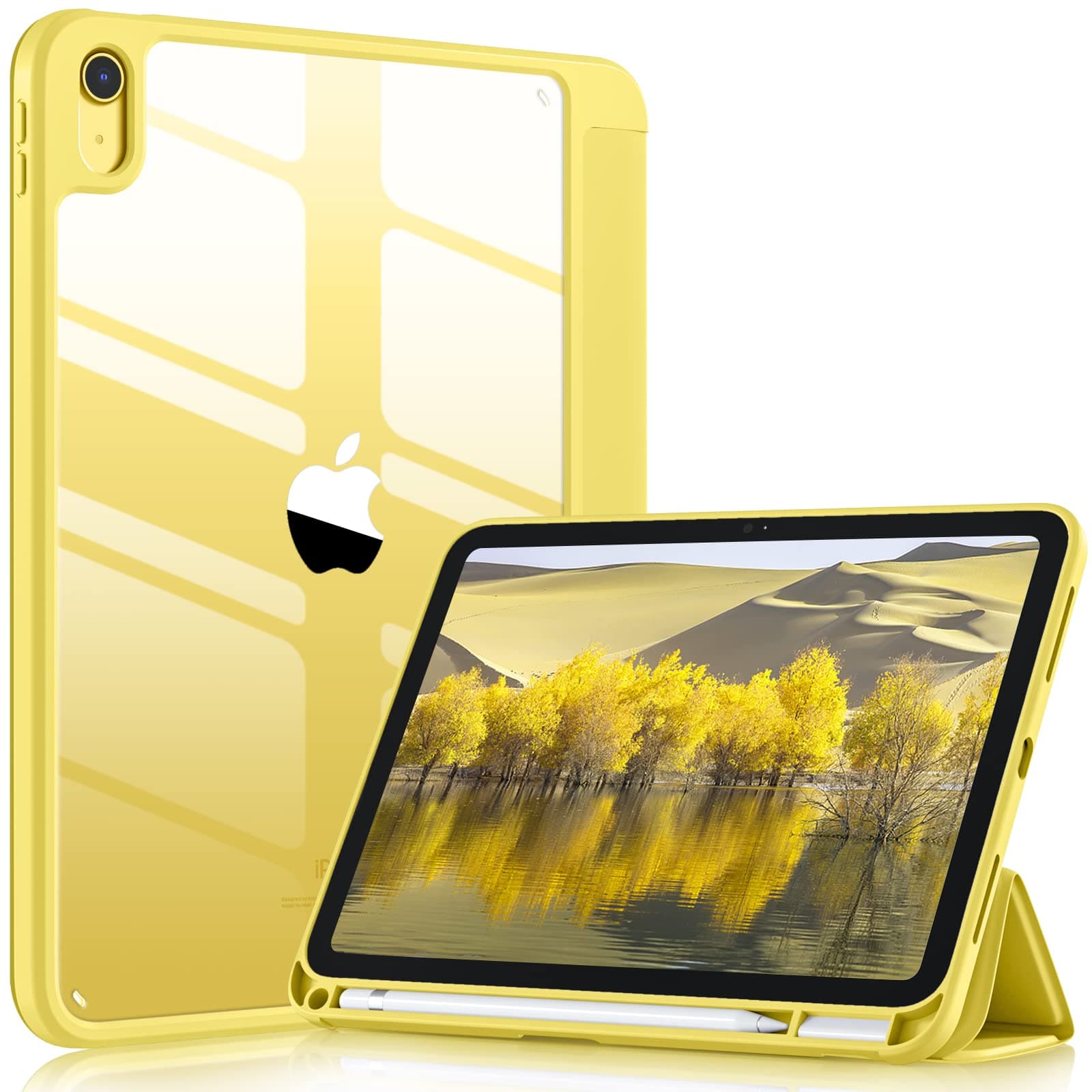 Compatible with iPad (A16) 11th Generation Case 11 Inch 2025, for iPad 10th Generation Case 10.9 Inch 2022 with Pencil Holder, Trifold Stand Protective Clear Back, Auto Wake/Sleep, Yellow