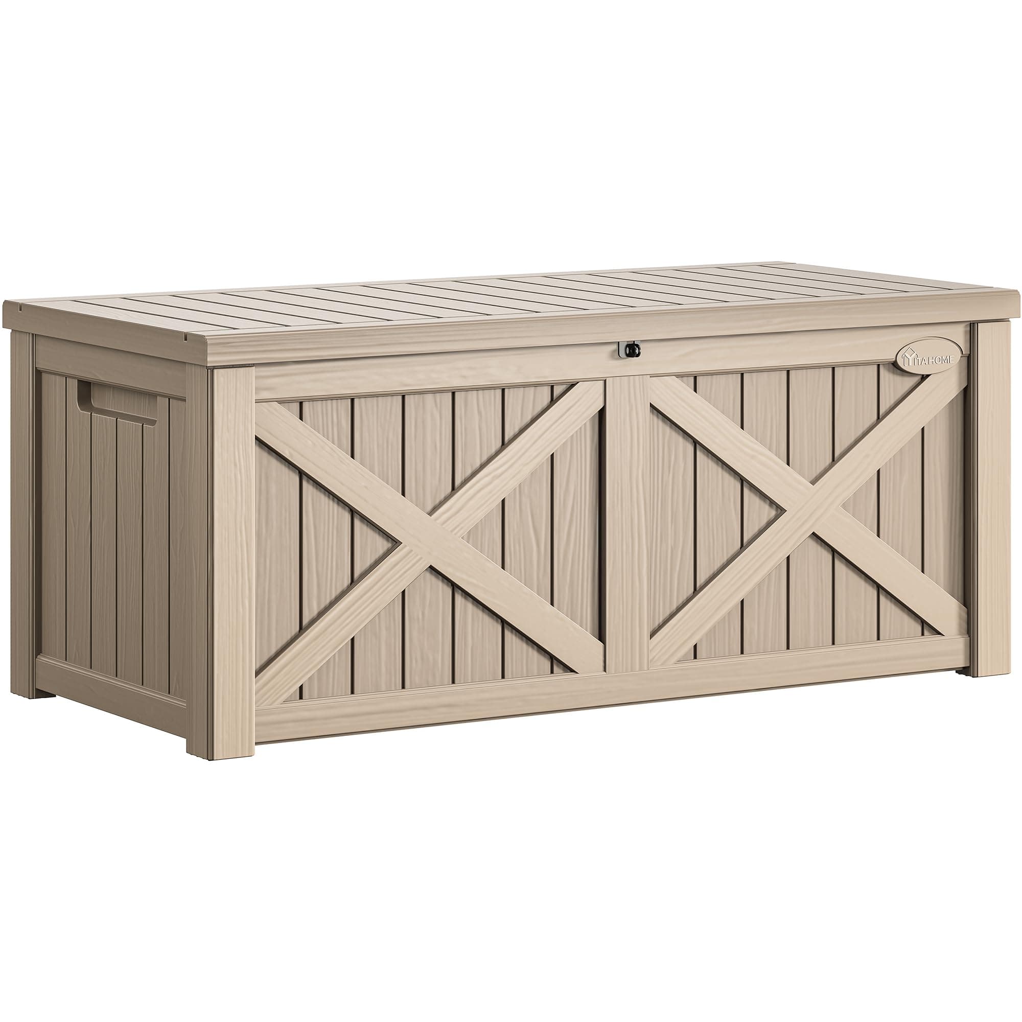 150 Gallon Large Deck Box with X-Shaped Front, Resin Outdoor Storage Boxes, Waterproof Cushion Storage Bench for Patio, Pool Supplies, Garden Tools - Lockable, Taupe