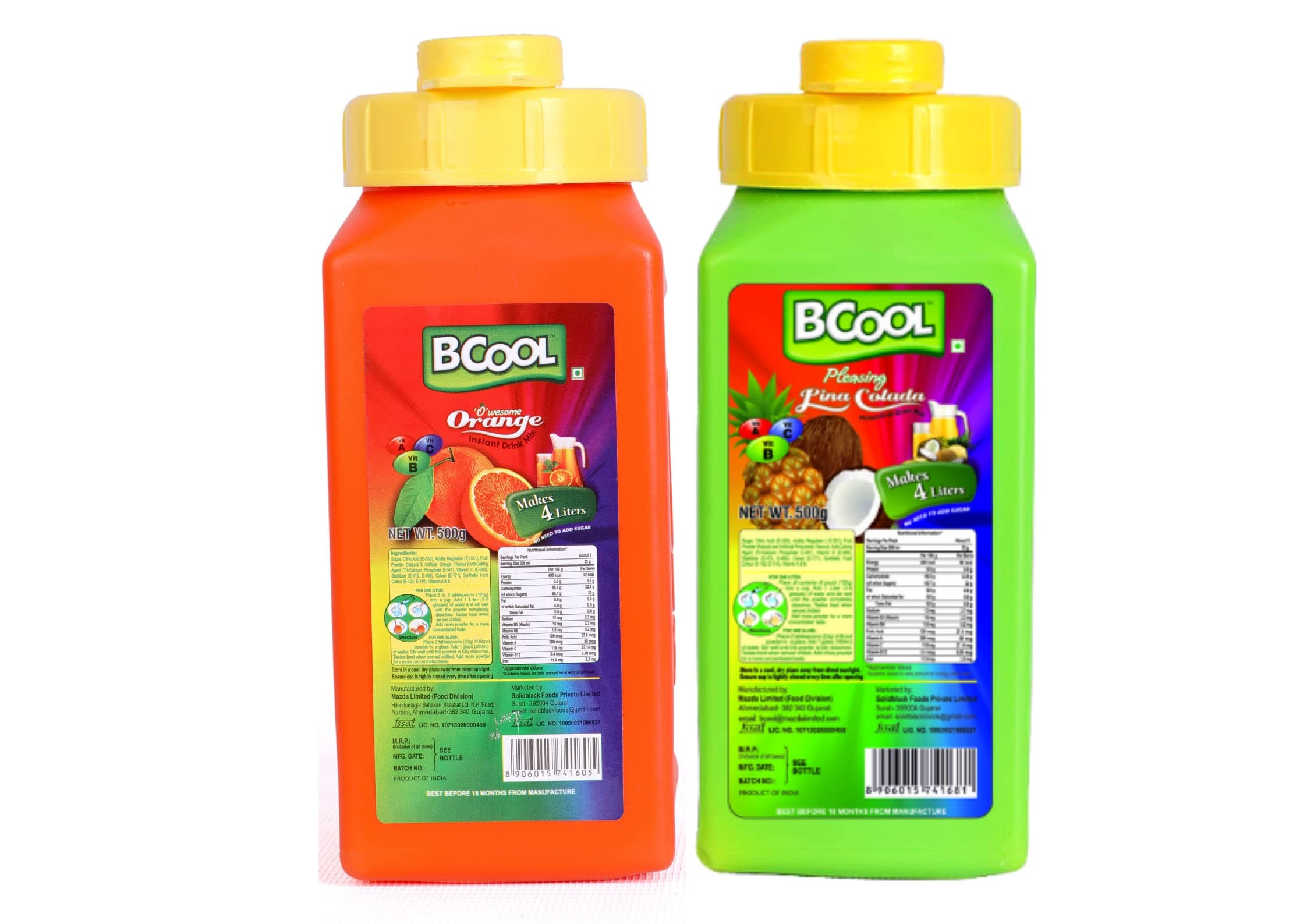 BCOOL instant orange & pinacolada drink mix powder refreshing summer beverage | tasty and healthy hydration for energy and immunity | easy to make ideal for kids adults (each 500g, pack of 2)