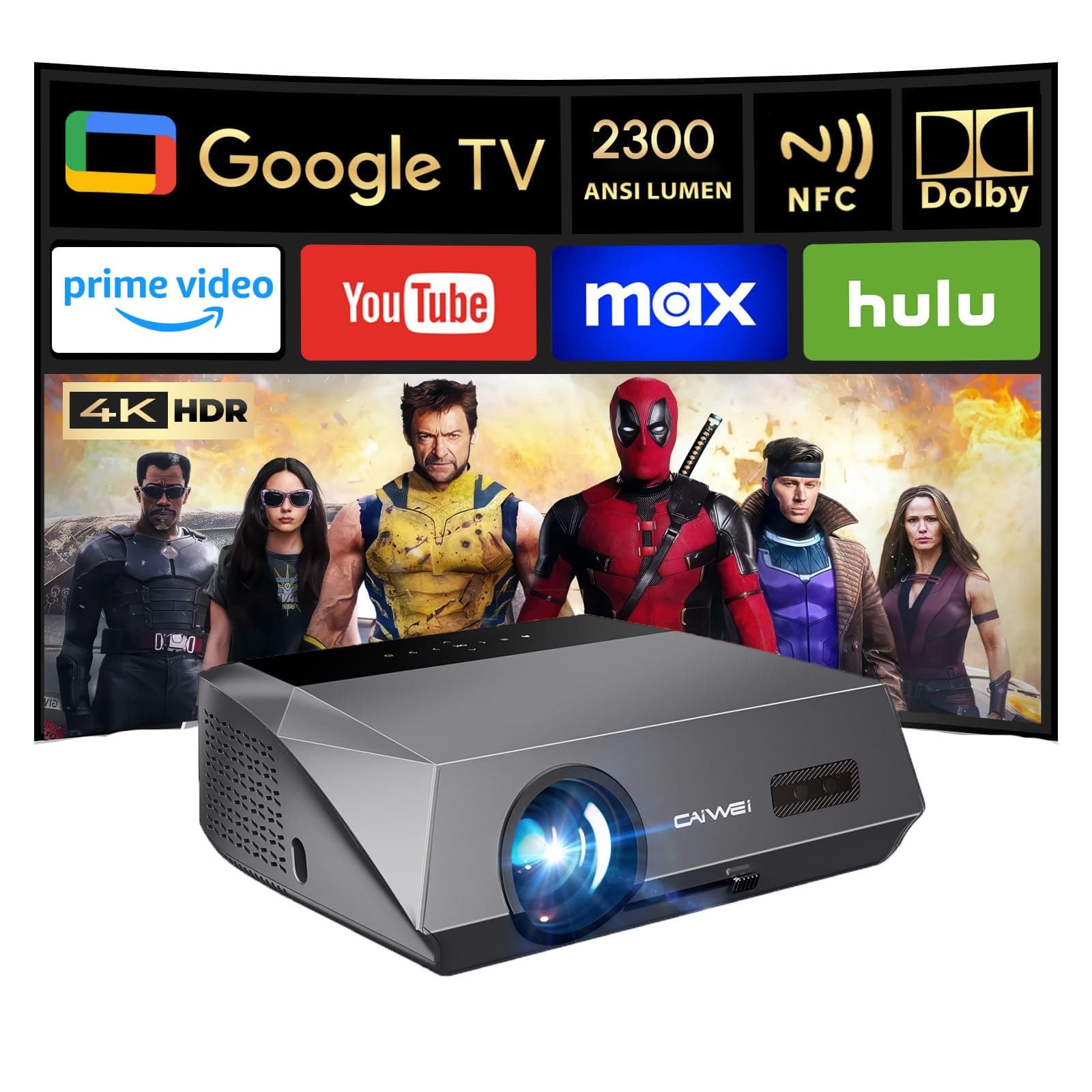 2300 ANSI Daytime Projector with Google TV Ultra HD 4K Smart Projector Daylight with Tof Auto Focus HDMI ARC DD+ Bluetooth WiFi6 for Bright Home Theater Outdoor Movie Church Bar