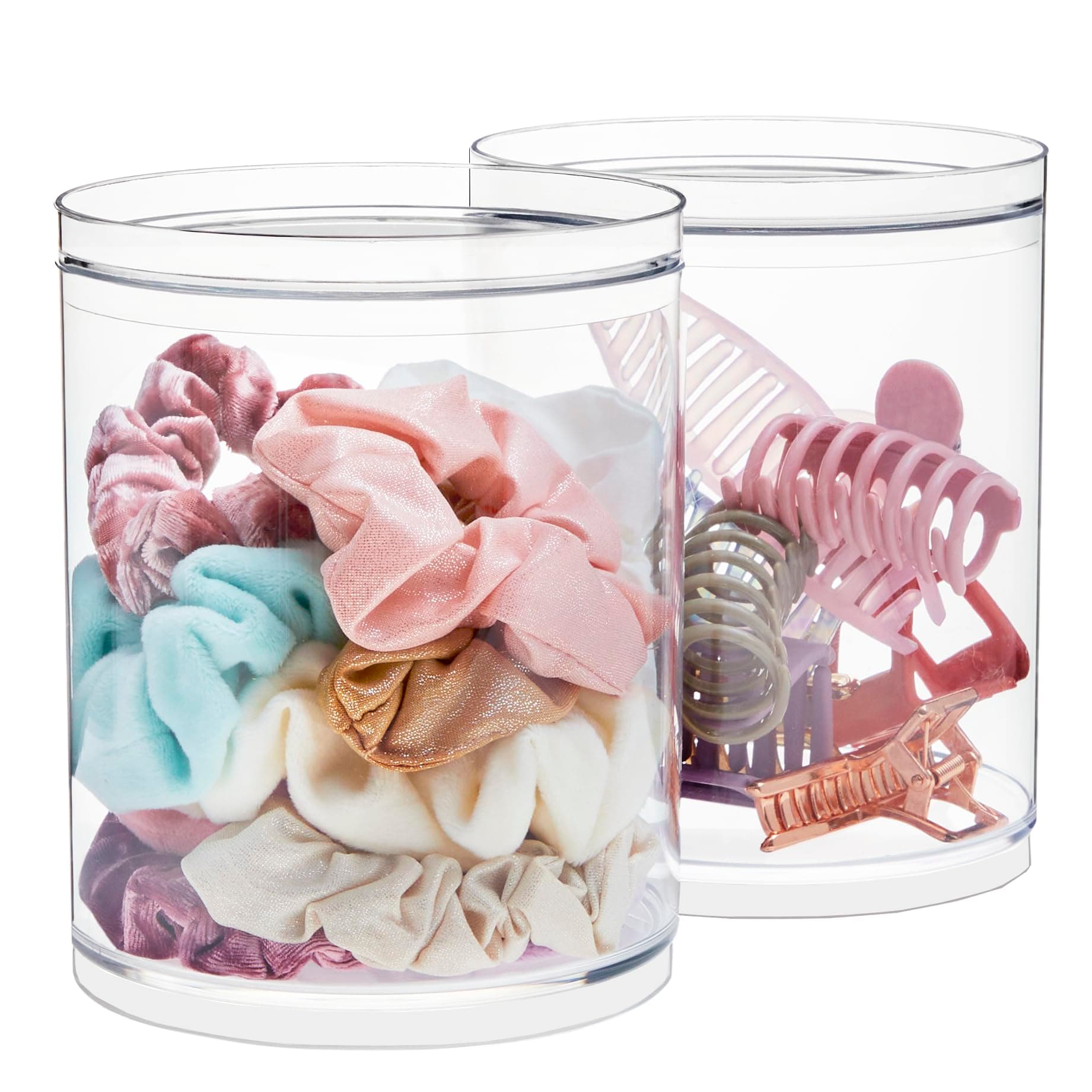 STORi Bella Tall Scrunchie Holder | Stackable Clear Plastic Container (Set of 2) Round Vanity Storage Organizers with Lids for Hair Accessories & Beauty Supplies | Made in USA