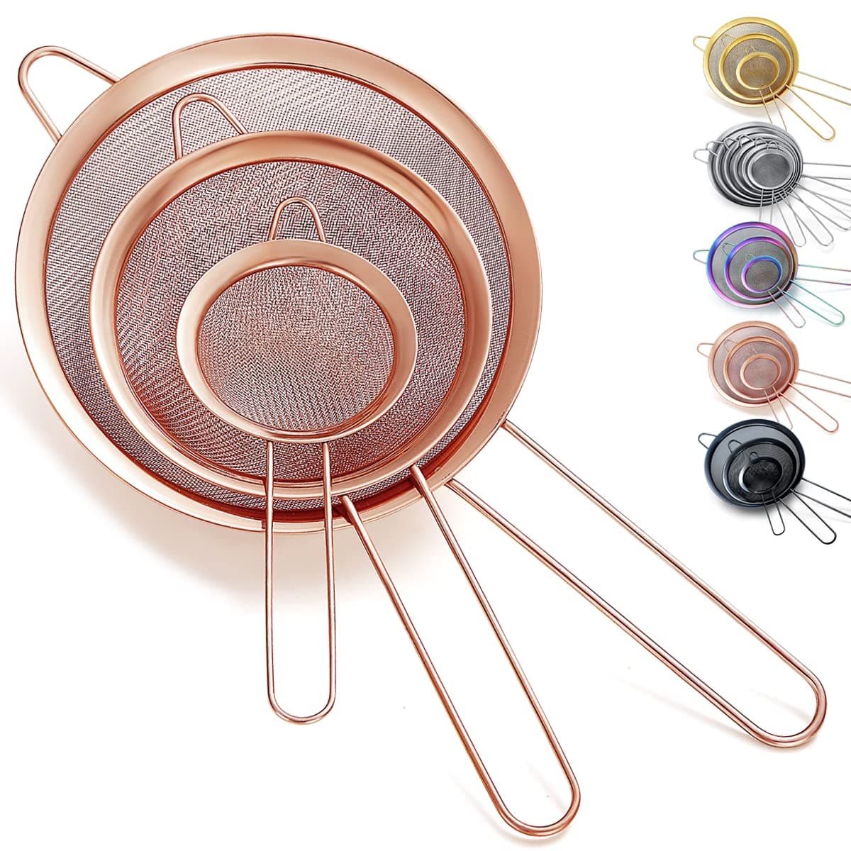 Rose Gold Fine Mesh Strainer 3 Pieces Set, Copper Flour Sifter for Baking, Stainless Steel Clander, Matcha Tea Strainer, Gravy Separator, Stasher Sieve Pasta Strainers