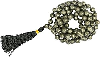 Certified Pyrite Crystal Japa Mala Ganthi - 108 Beads Buddhist Prayer Beads - AAA Grade Original Healing Gemstone Agate Mala for Yoga Meditation Spiritual Reiki Feng Shui