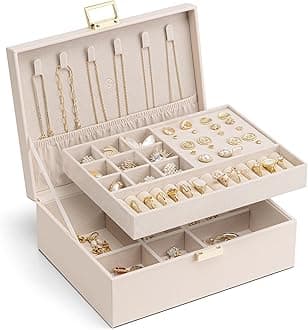 Vlando Jewelry Case 2-Tier Large Capacity Jewelry Box with Detachable Jewelry Tray for Necklaces, Earrings, Rings, and Bracelets, Women's Gift, Birthday Present (Apricot Pink)