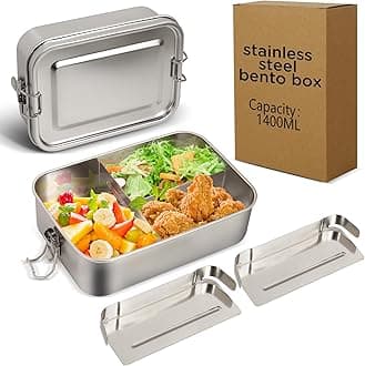 LEEPENK 304 Stainless Steel Lunch Box and Food Containers with Lids 1400ml Leak-Proof Adjustable Compartment Metal Bento Box for Travel Work Picnic Adults