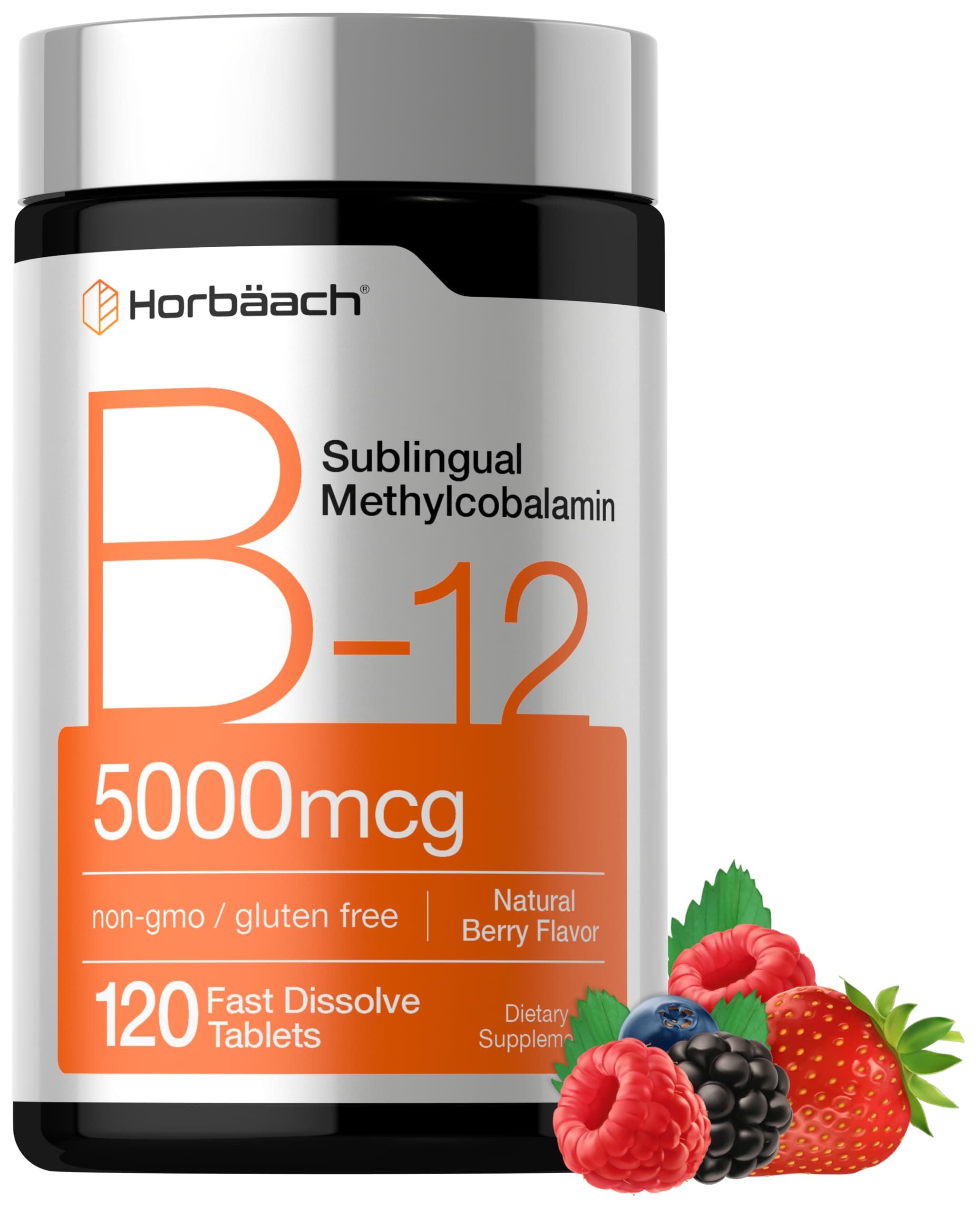 B12 Vitamin 5000 mcg | 120 Fast Dissolve Tablets | Sublingual Methylcobalamin | Natural Berry Flavor | Vegan, Non-GMO & Gluten Free Supplement