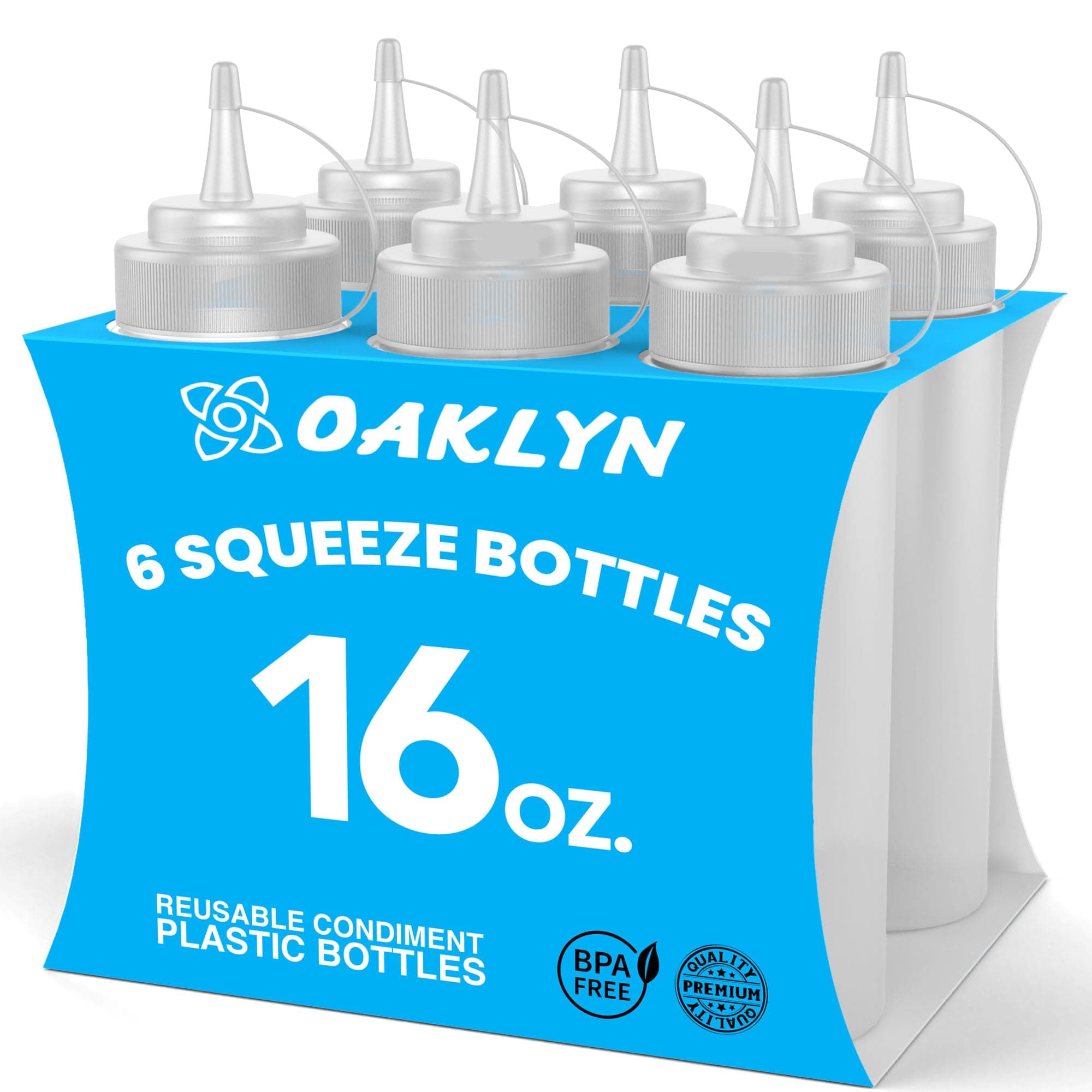 Oaklyn Squeeze Bottles 16oz 6 Pack - Reusable Condiment Bottles for Sauces Liquids BPA-Free Leak Proof Design, Easy to Clean Plastic Squeeze Bottles with Nozzle