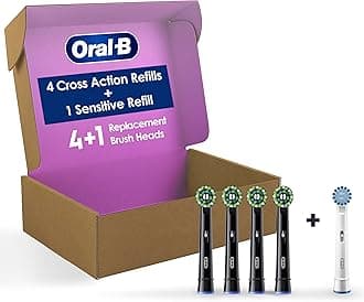Oral-B CrossAction Electric Toothbrush Replacement Brush Heads, Black, 4 Count + 1 Sensitive White