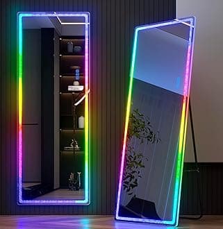 Vlsrka Full Length Mirror with RGB LED Lights, Full Body Lighted Mirror with Crushed Diamond, 63x20 Free Standing Floor Mirror, Wall Mounted Mirror, 7 Color Dimmable & 7 Color Speed Adjustable White