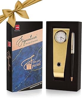 Signature Rakshabandhan Gift Set|Blue Ink|1 Ball Pen + 1 Golden Finish Table Clock with Pen Holder|Premium Metal Pens|Stylish Gifts for Christmas and New Year|Gifts for Men and Women