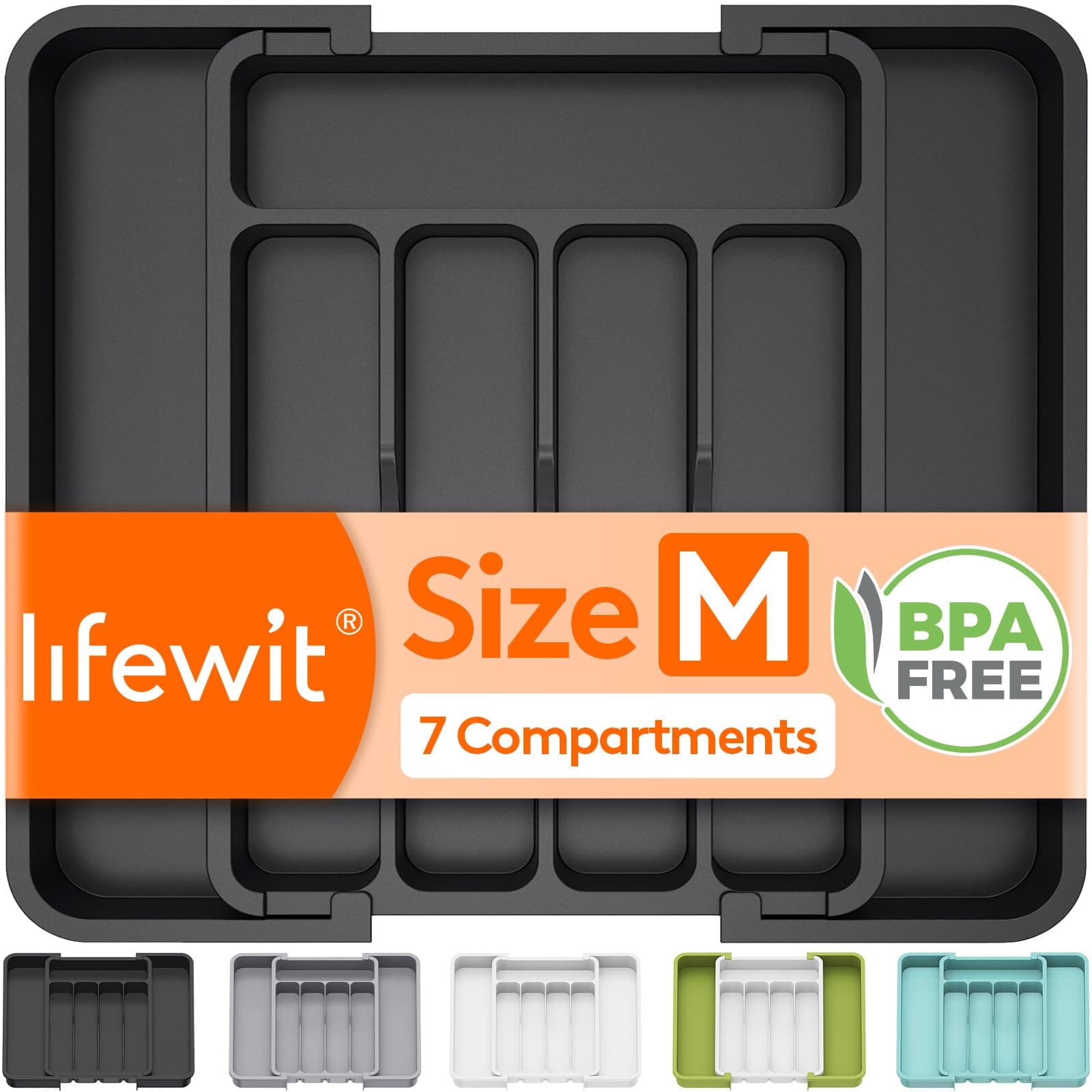Lifewit Silverware Drawer Organizer, Expandable Utensil Tray for Kitchen, BPA Free Flatware and Cutlery Holder, Adjustable Plastic Storage for Spoons Forks Knives, 8.9-14.7 x 12.2", Black