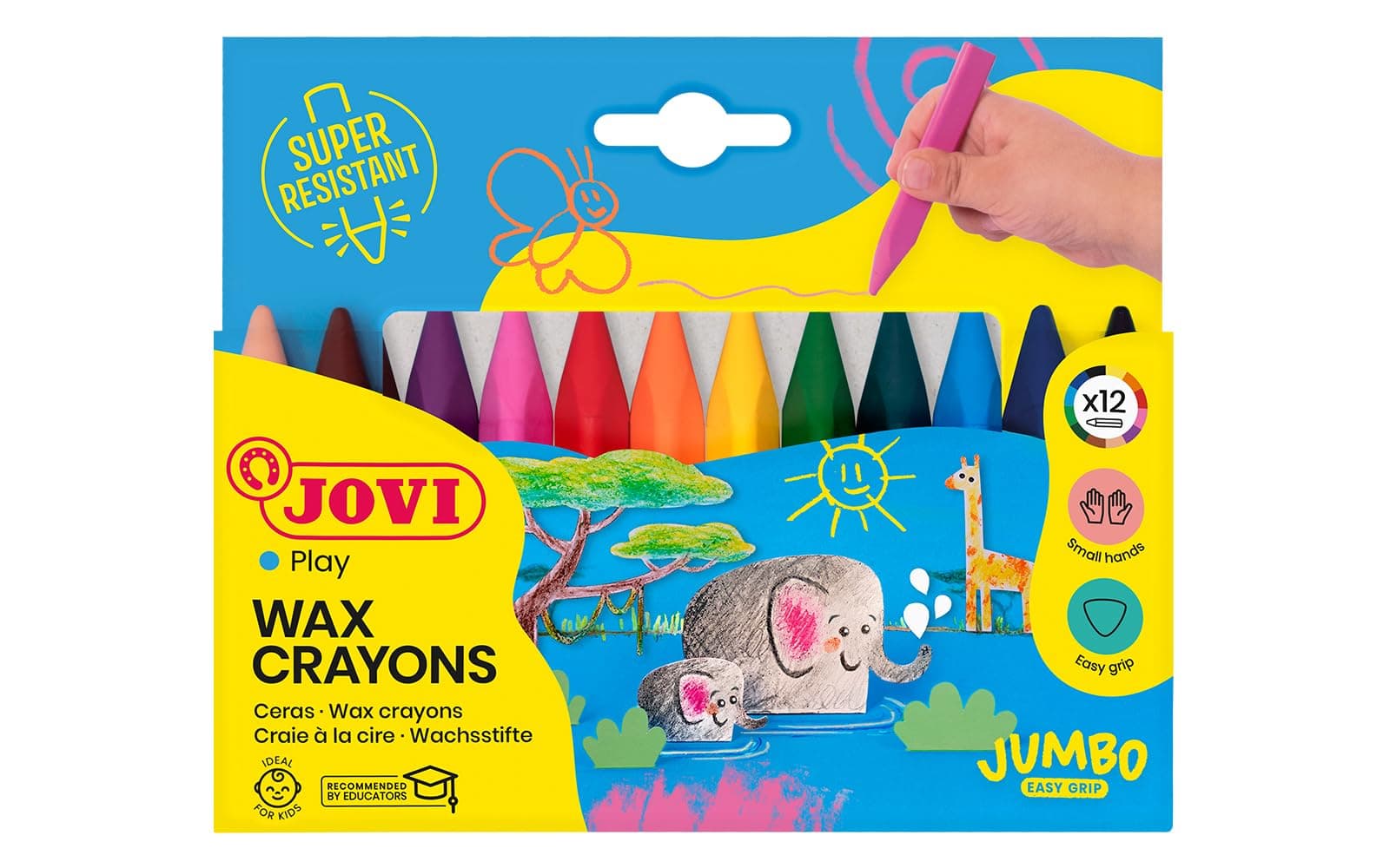 Jovi JUMBO EASY GRIP Case 12 triangular wax crayons assorted colours, Made in Spain
