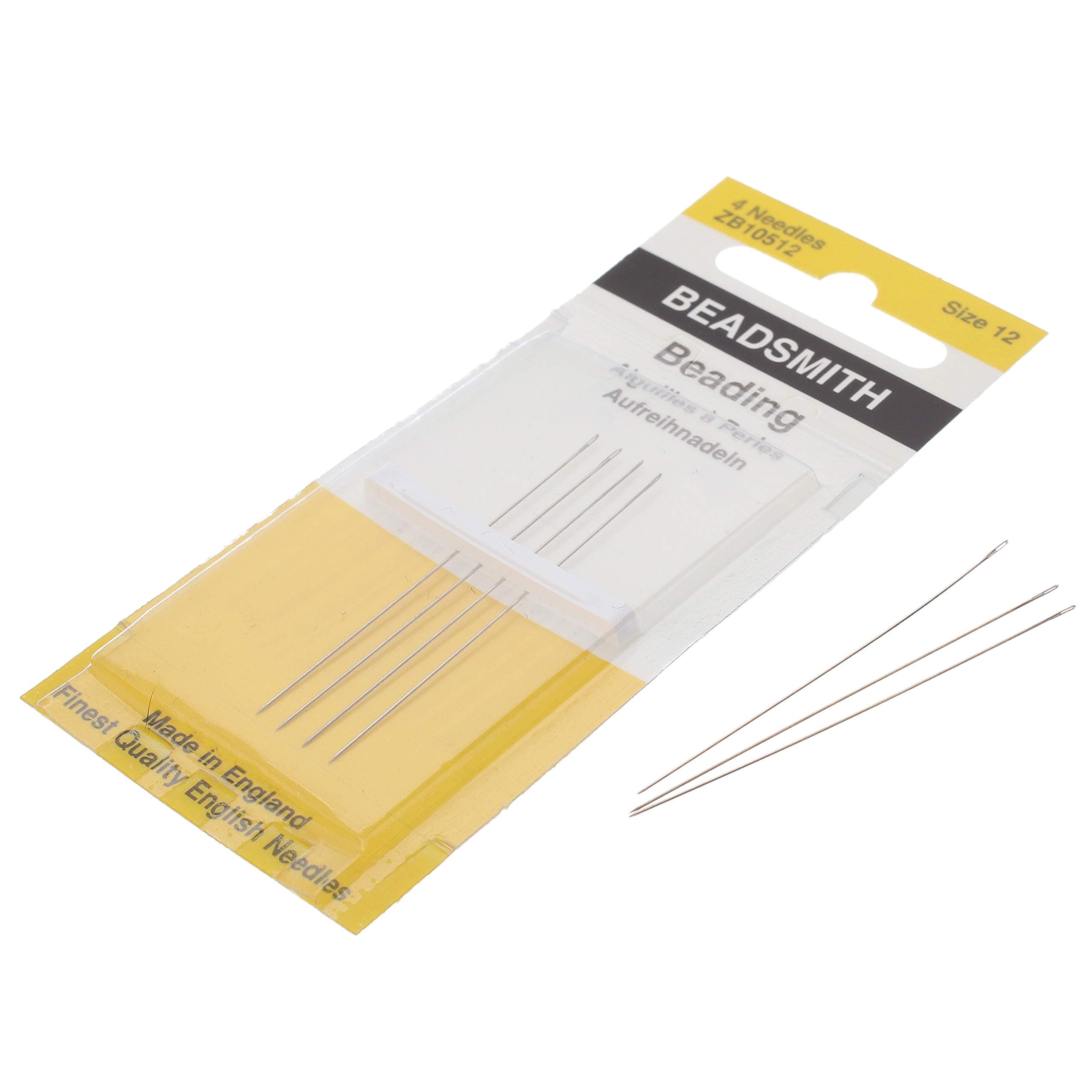 English Beading Needles, Size 12, 4 Needles per Card, Made in England, Use for Loom Weaving Beadwork, Off-Loom Stitching and Jewelry Making with Seed Beads