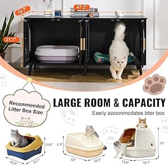 VEVOR Cat Litter Enclosure for 2 Cats, Hidden with Rattan Decorated Doors, Wooden Cat Cabinet Fit Most Litter Box, 47.2"L x 19.7"W x 21.7"H, Black