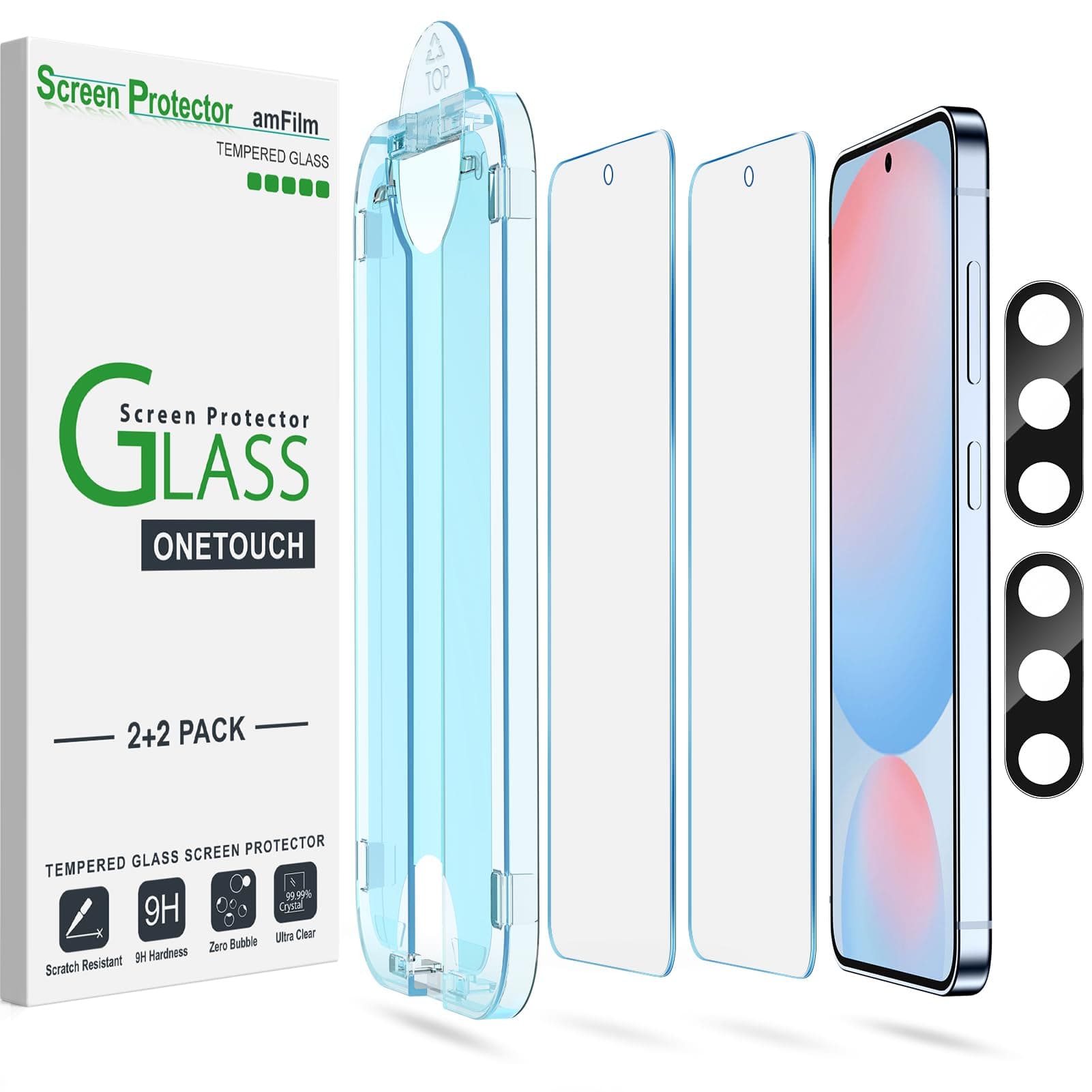 Auto-Alignment OneTouch for Samsung Galaxy S24 FE 6.7'' Screen Protector + Camera Lens Protector,Tempered Glass,30 seconds Installation, Bubble Free, Case Friendly, Anti-Scratch [2+2 Pack]