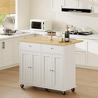 Shintenchi Kitchen Island with Drop Leaf, Rolling Kitchen Cart with Storage on Wheels, Table Bar Cart for Kitchen with Towel Rack & Seating Area for Dining Room, White