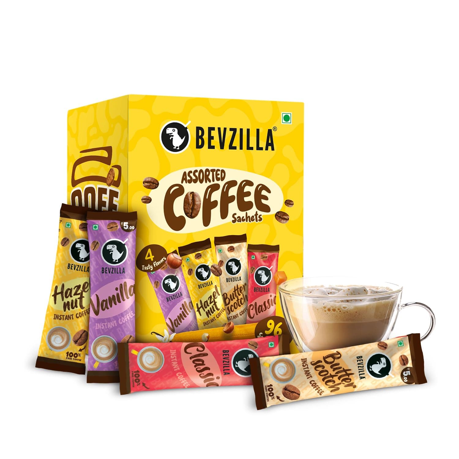 Bevzilla 96 Instant Coffee Sachets (4 Flavours) – 192g | Hazelnut, Classic, Vanilla & Butterscotch | 24 sachets each | Arabica Coffee | For espresso, latte, cappuccino | Hot & cold brews
