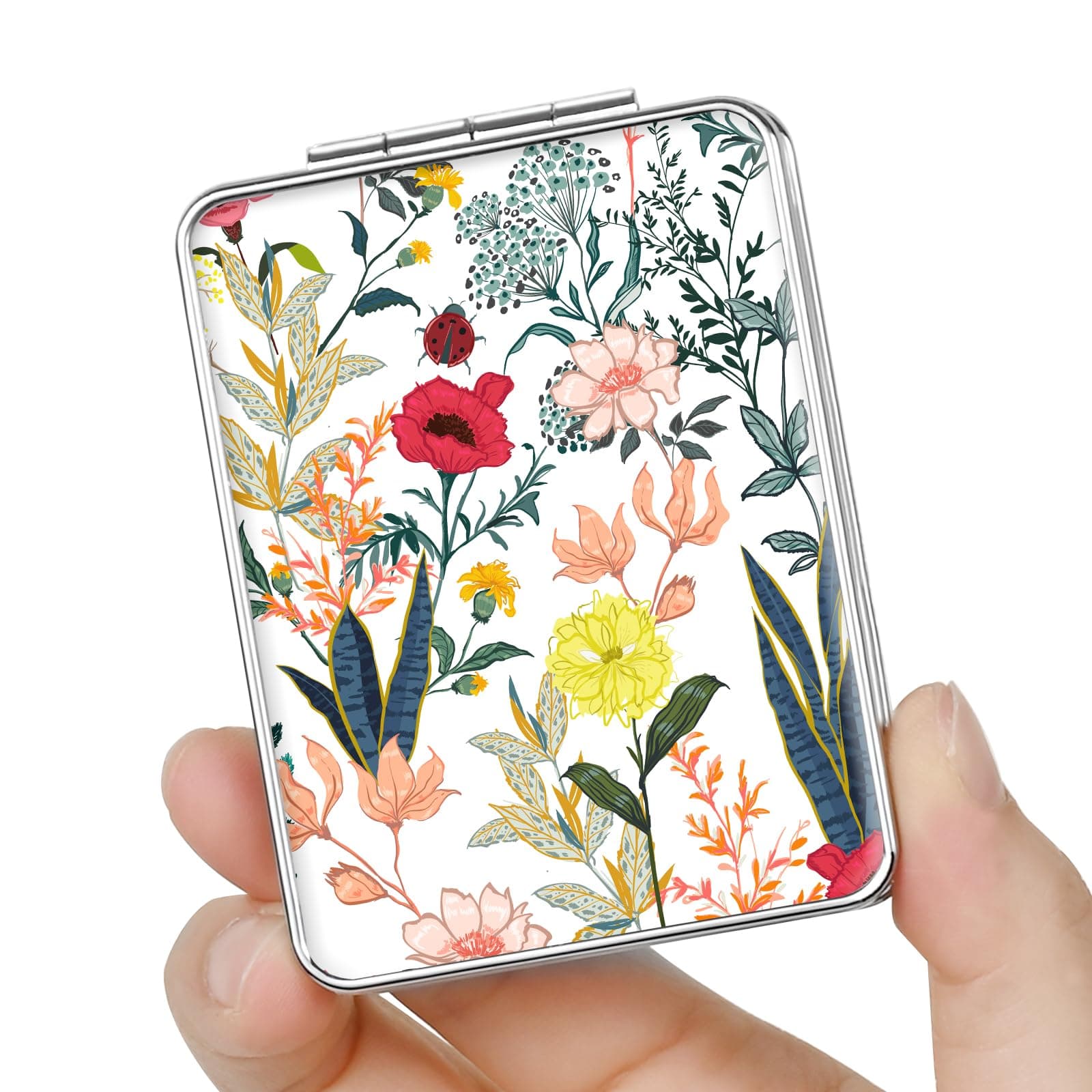 Pocket Mirror, Small Travel Mirror with Magnification, Portable Double-Sided Magnifying Cosmetic Mirror for Daily (White Flowers)