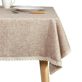 新品 Linen Rustic Burlap Washable Tablecloth,Solid Heavy Weight Tan 60 x 102 Rectangle Overlay Lace Edge Table Cover for Kitchen Dinning Decoration…