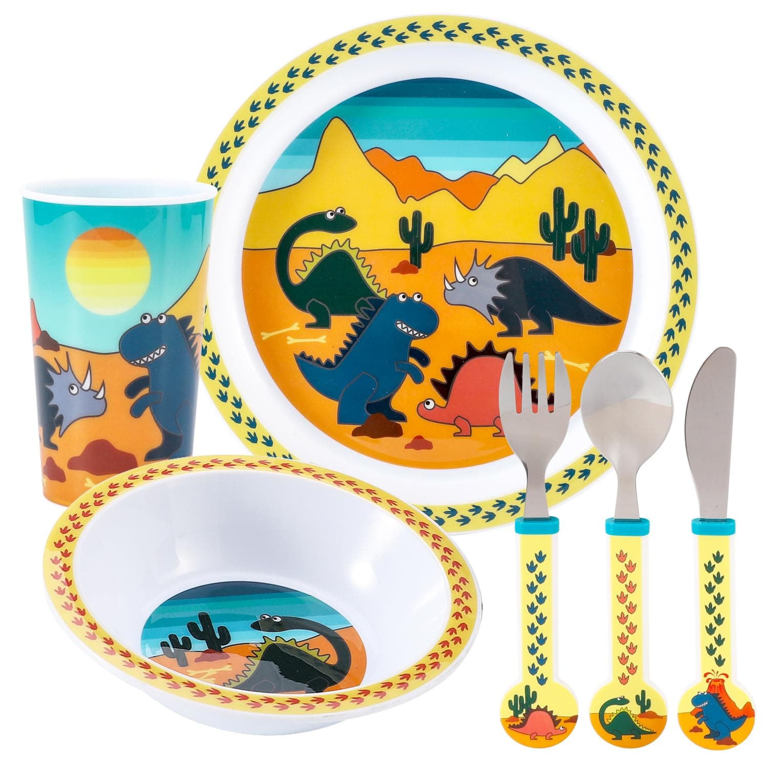 Kids 6 Piece Reusable Dinner Set - Plate/Bowl/Cup/Knife/Fork/Spoon - Childrens Dinnerware Tableware Cutlery Set (Dinosaur)