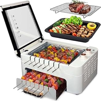 Angju Indoor BBQ Kabob Skewers Grill Machine,Smokeless Auto 360° Rotating Electric Barbecue Skewers Rotisserie,3 In 1 Indoor Electric Tabletop Grill with Removable Lid,Dual Zone Cooking