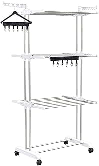 Synergy Heavy Duty Foldable Stainless Steel Clothes Drying Stand | 58 Ft Drying Space with 14 Hanger Slots | Cloth Dryer Stand with EZEE Clipper | 3 Tier, White (SY-CS21-COMBO)