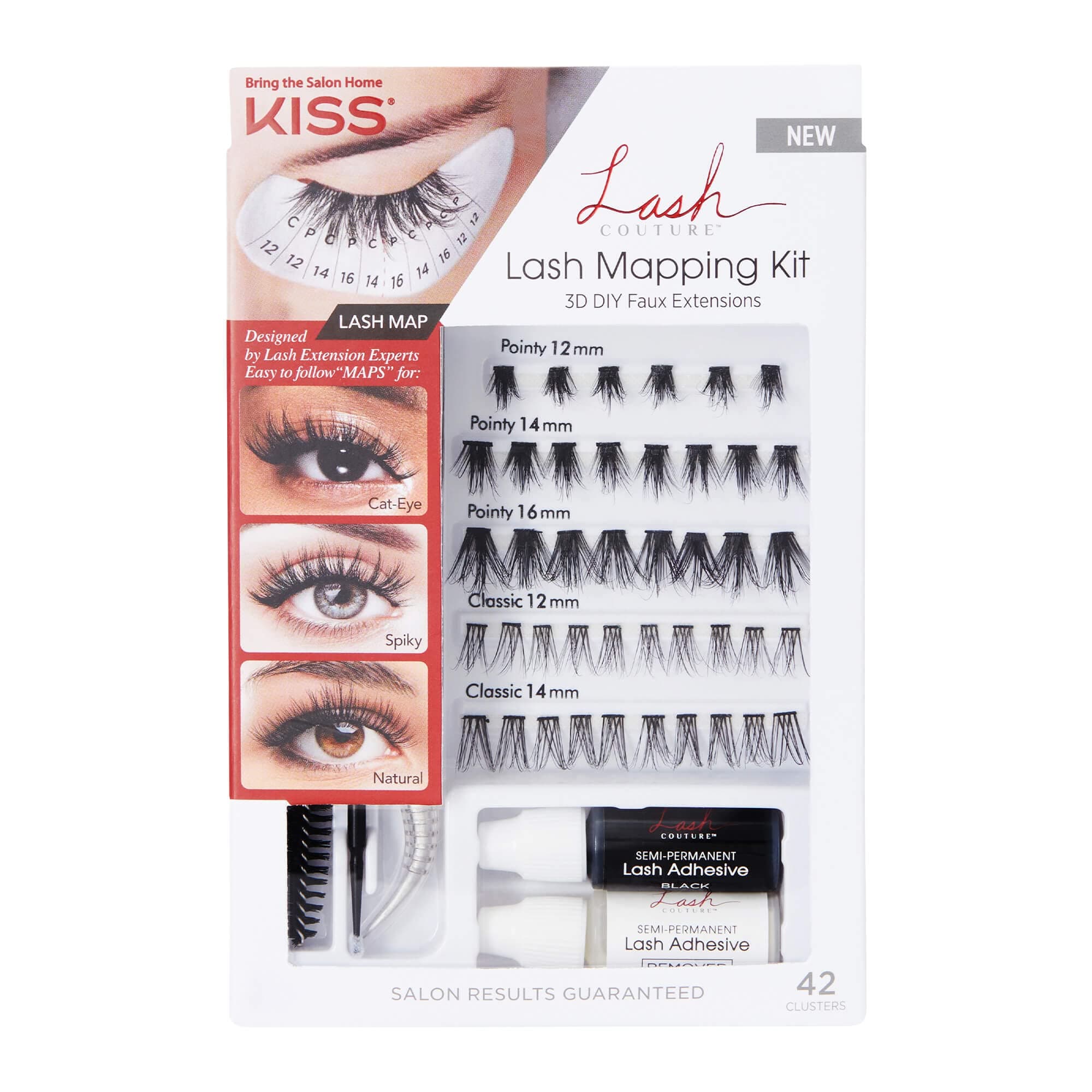 KISS Lash Couture Lash Mapping Kit with 3 Mapping Stickers, Semi-Permanent Lash Adhesive, Adhesive Remover, Tweezers, Spoolie, Micro Brush, and 42 Lash Clusters,21 Pair (Pack of 1)