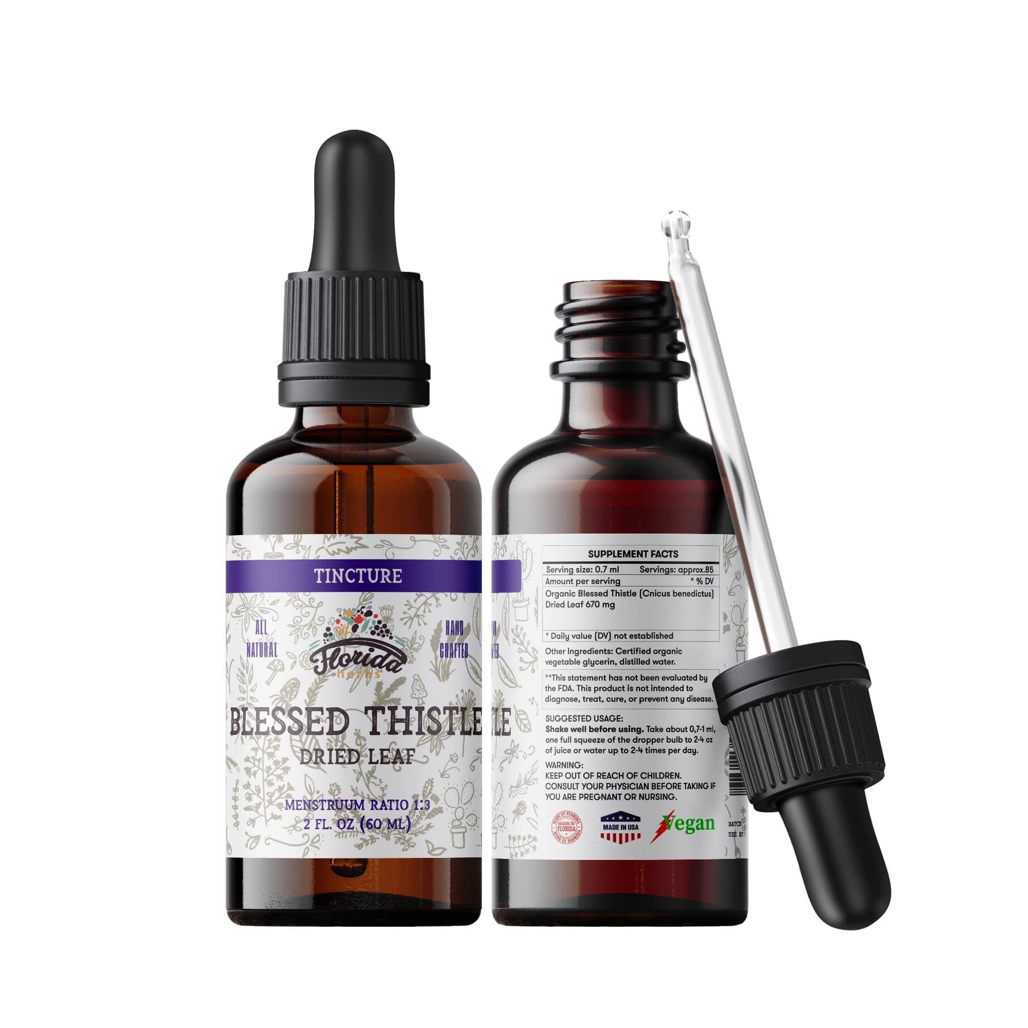 Blessed Thistle Tincture, Organic Blessed Thistle Extract (Cnicus benedictus) Herbal Supplement, Non-GMO in Cold-Pressed Organic Vegetable Glycerin, 700 mg, 2 oz (60 ml)