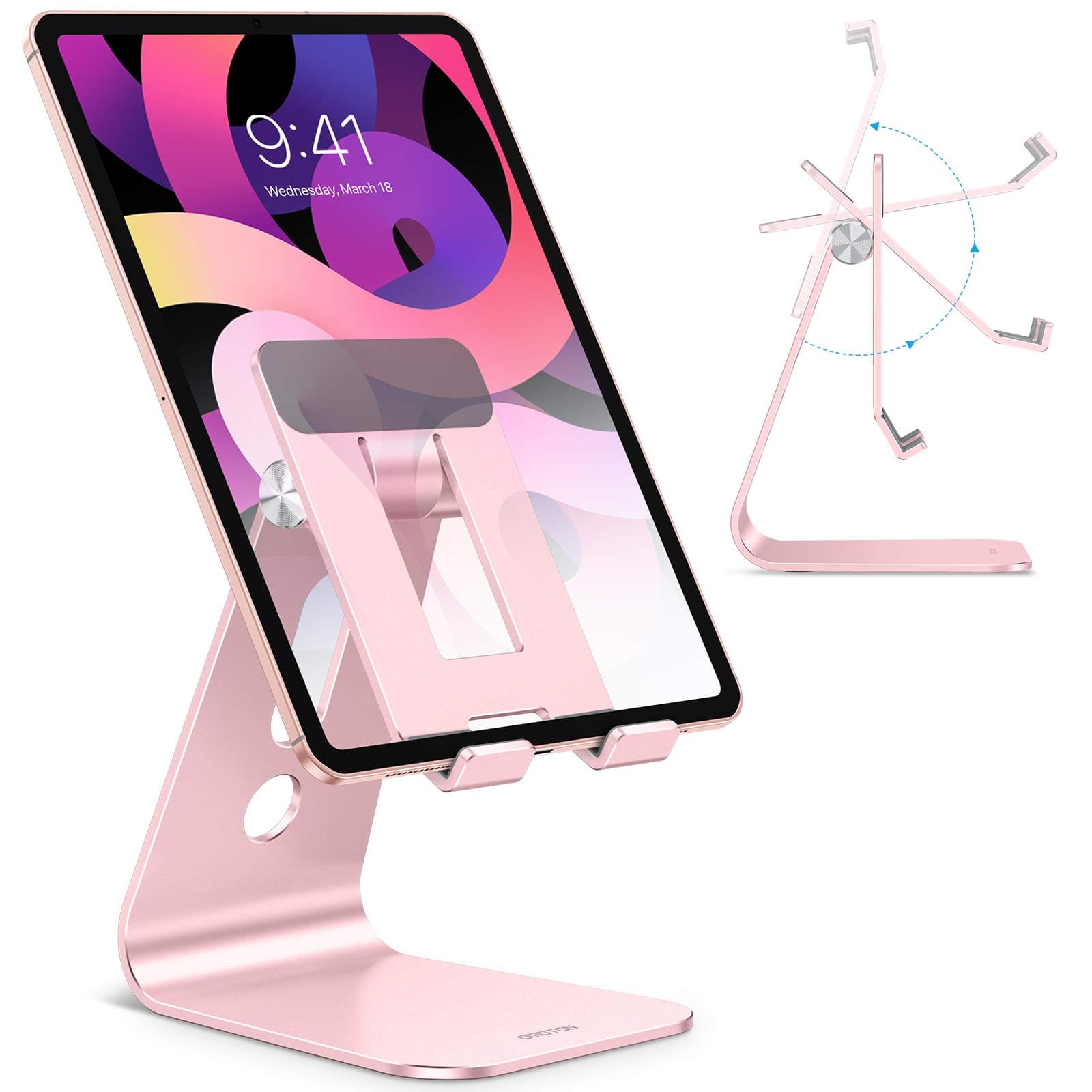 OMOTON Adjustable Tablet Stand for Desk, Upgraded Longer Arms for Greater Stability, T2 Tablet Holder with Hollow Design for Bigger Sized Phones and Tablets Such as iPad Pro/Air/Mini, Rose Gold