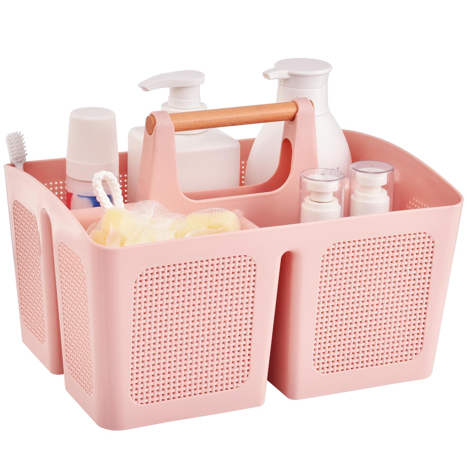 ALINK Portable Shower Caddy Basket with Compartments, Plastic Divided Cleaning Caddy Organizer Storage Tote with Handle for Bathroom, College, Dorm Room Essentials, Pink