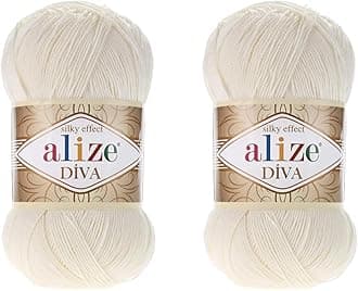 Alize Diva Yarn Hand Knitting Yarn 100% Microfiber Acrylic Yarn Alize Diva Silk Effect Thread Crochet Art Lace Craft Lot of 2 skeins 200gr 767 yds (62-Light Cream)