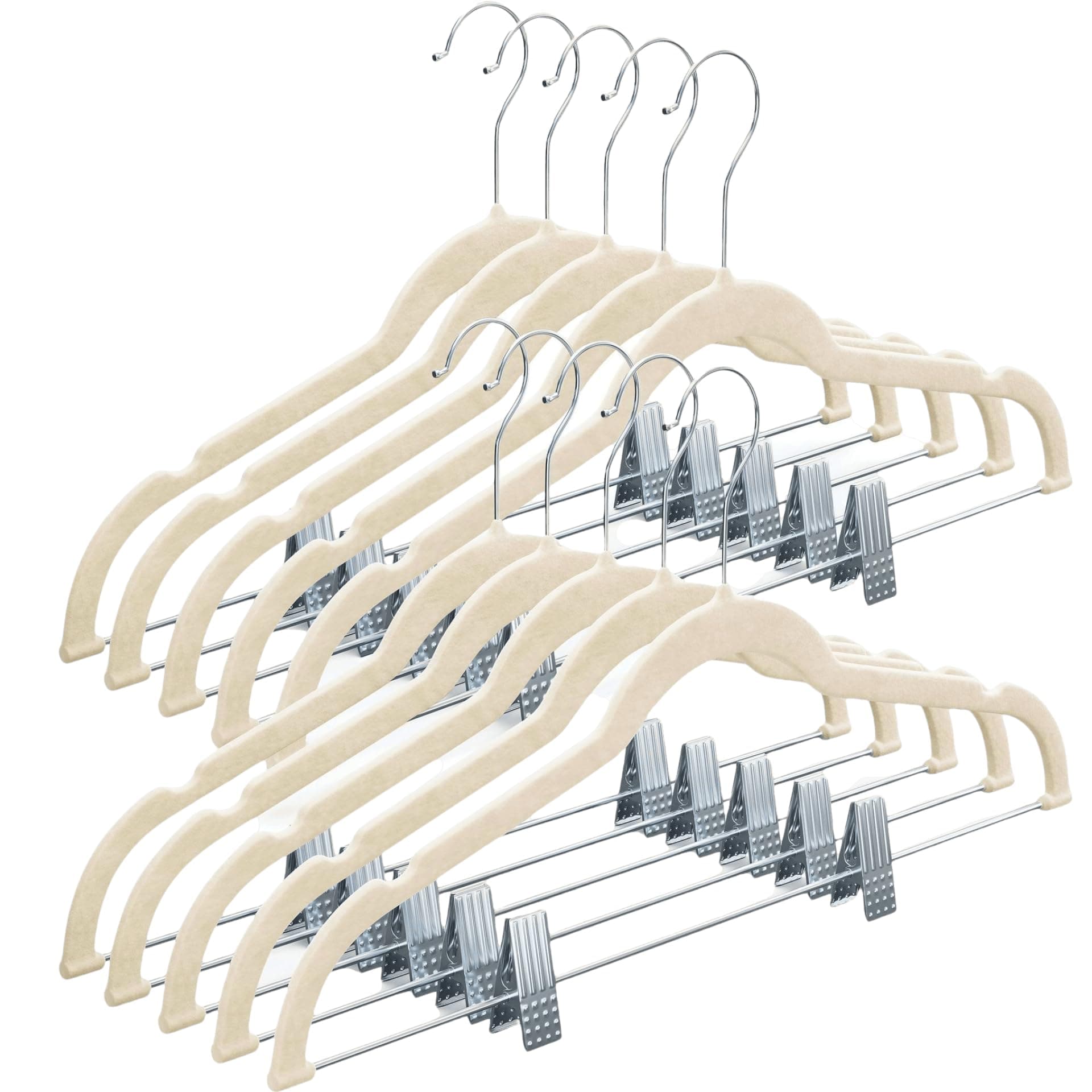 Home-it 10 Pack Velvet Hangers with Clips - Ivory Pants & Skirt Hangers - Ultra Thin No Slip Space-Saving for Pants, Skirts, Coats, Dresses, Tank Tops, Clothes