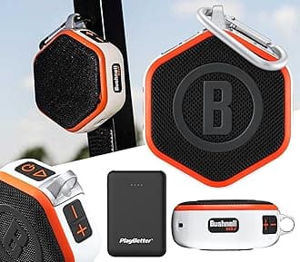 2023 Bushnell Wingman Mini (Orange/White) - Magnetic Golf Speaker Bundle with PlayBetter Portable Charger | Golf Cart Audible Music & Distances Bluetooth Speaker | 36,000+ Courses