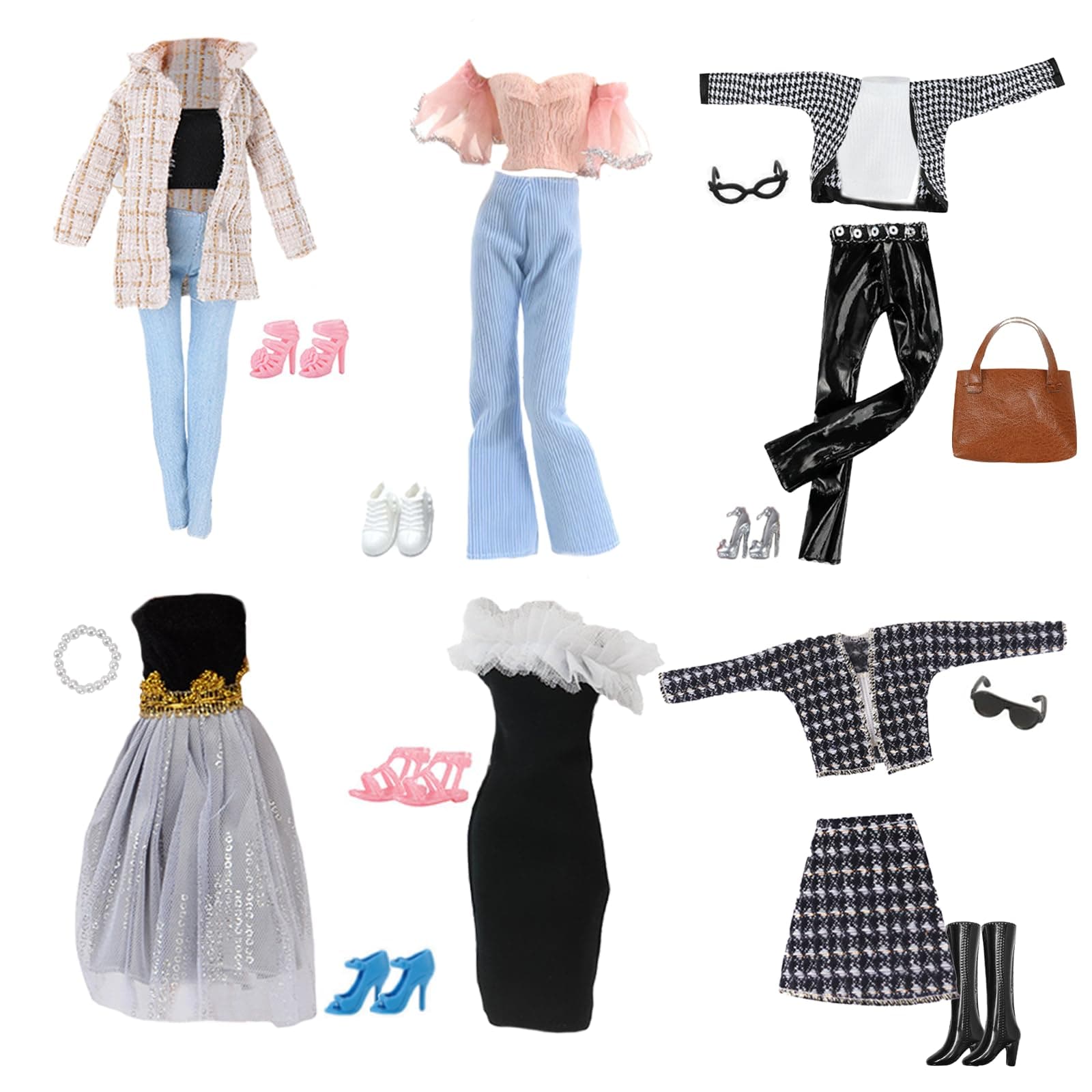 – 16 Doll Clothes Set 3 Stylish Check Coat Set 2 Party Dresse 1 Short Sleeve Pants 1 Bag 1 Neck Accessorie 2 Eyeglasses 1 Boots 5 Shoes for 11.5 Inch Dolls Girls Gift Random