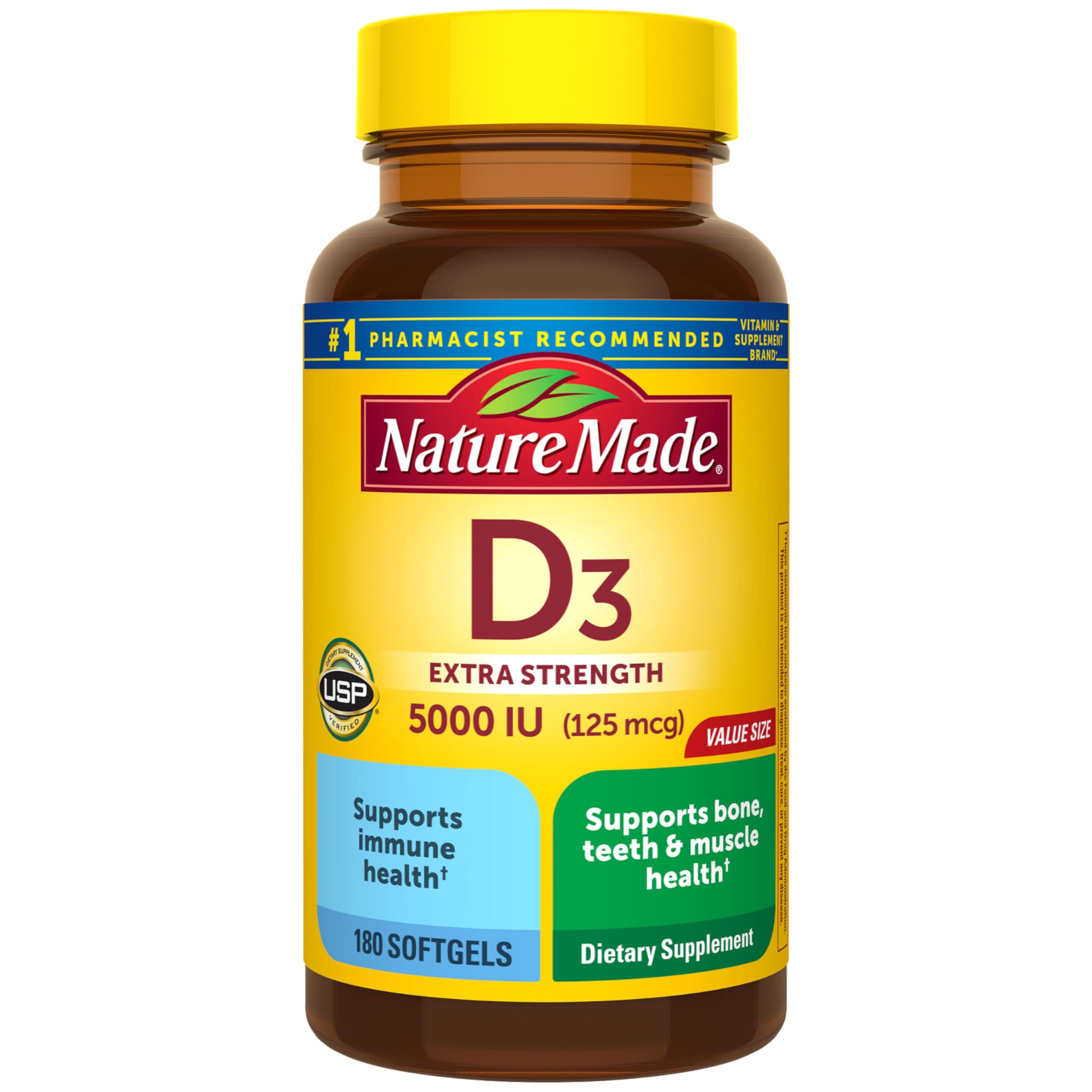 Nature Made Vitamin D3 5000 IU (125 mcg) Softgels, Extra Strength Vitamin D Supplement for Bone and Immune Health Support, 180 Count, 180 Day Supply