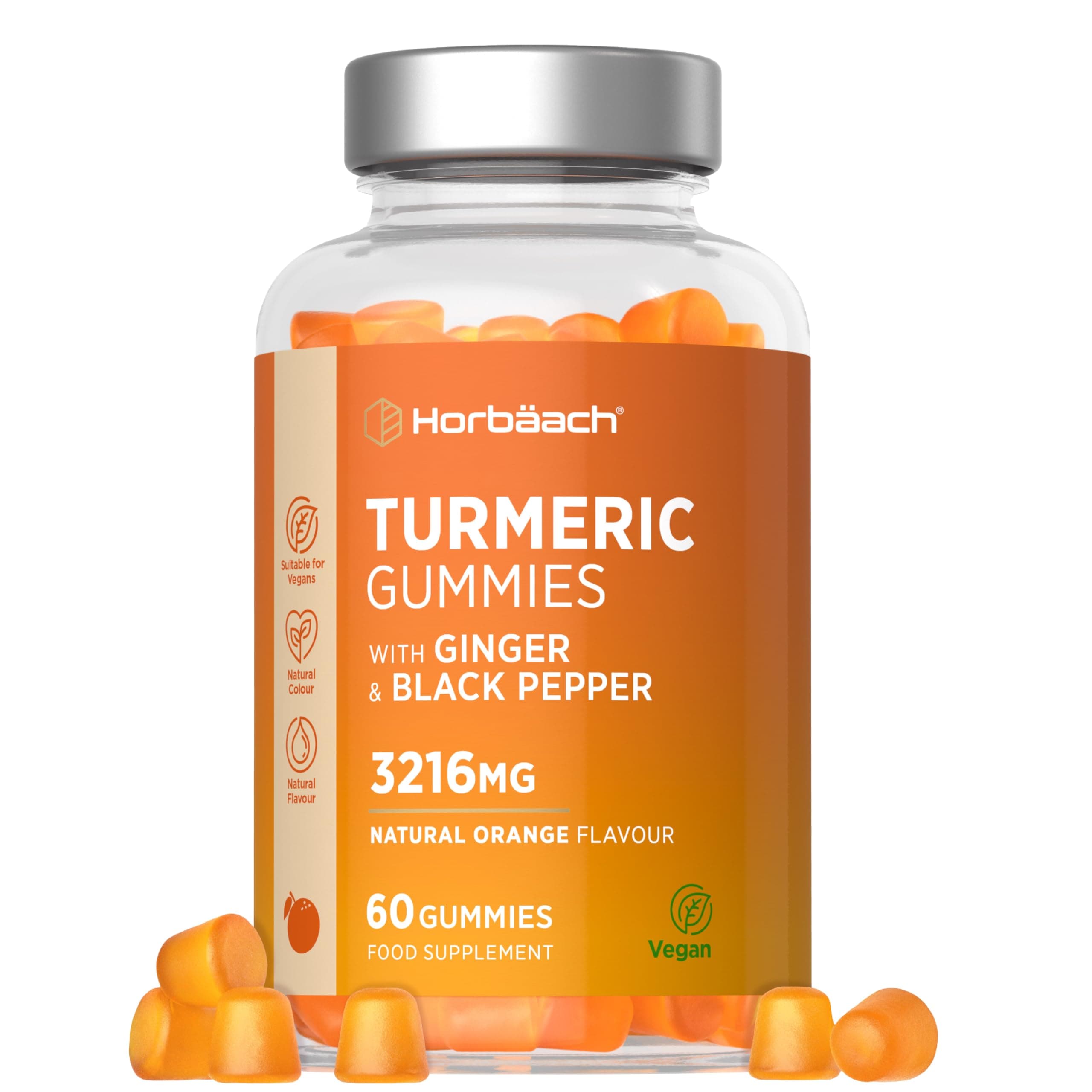 Turmeric Gummies with Black Pepper & Ginger 3216mg | High Strength Curcumin Supplement | 60 Vegan Gummies | Natural Orange Flavour - Tablet Alternative | by Horbaach
