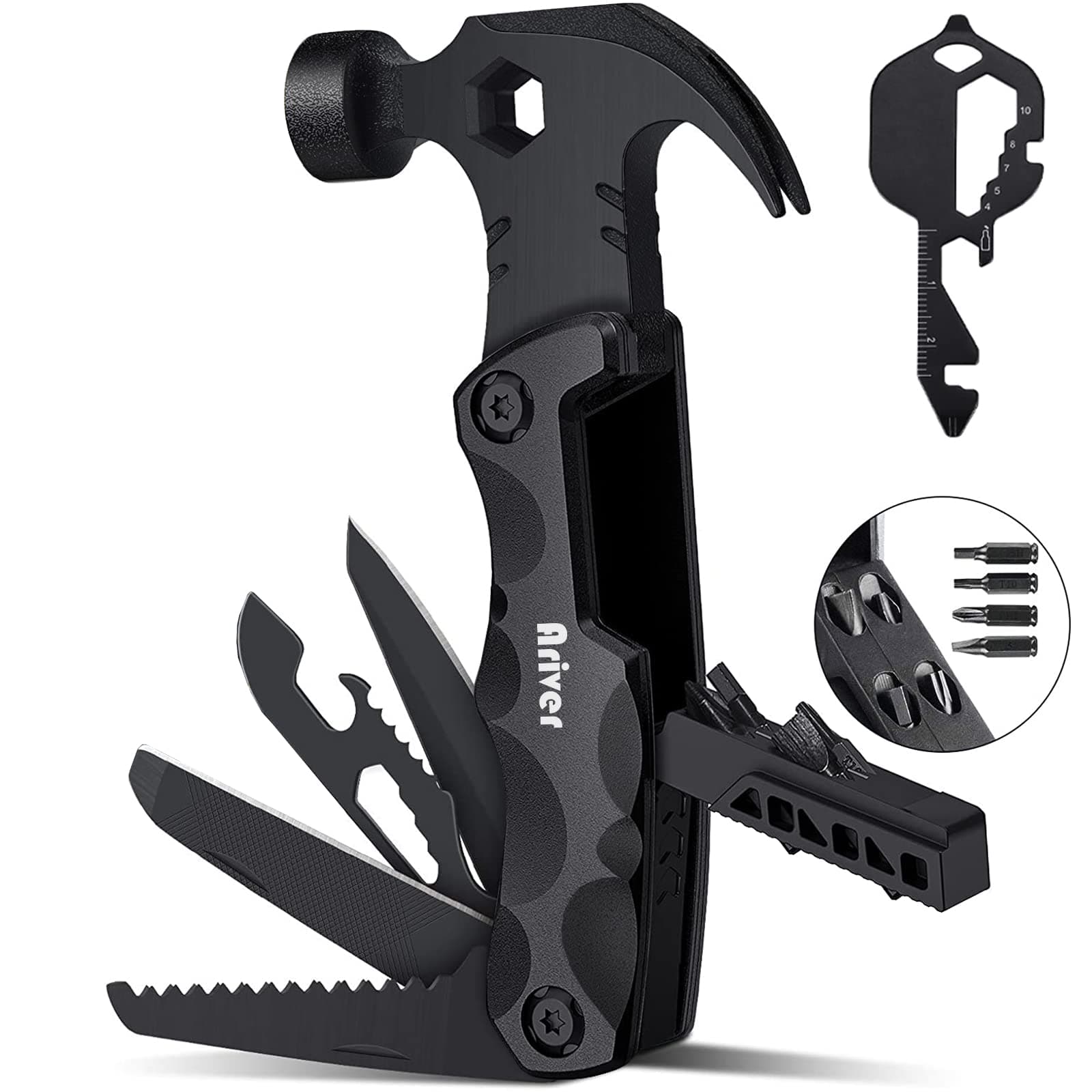 Ariver Multitool Camping Accessories, 13 in 1 Hammer Multitool and Key Shaped Pocket Tool, Survival Tool with screwdrivers, Safety Lock, Gifts for Him Men Husband Dad Boyfriend