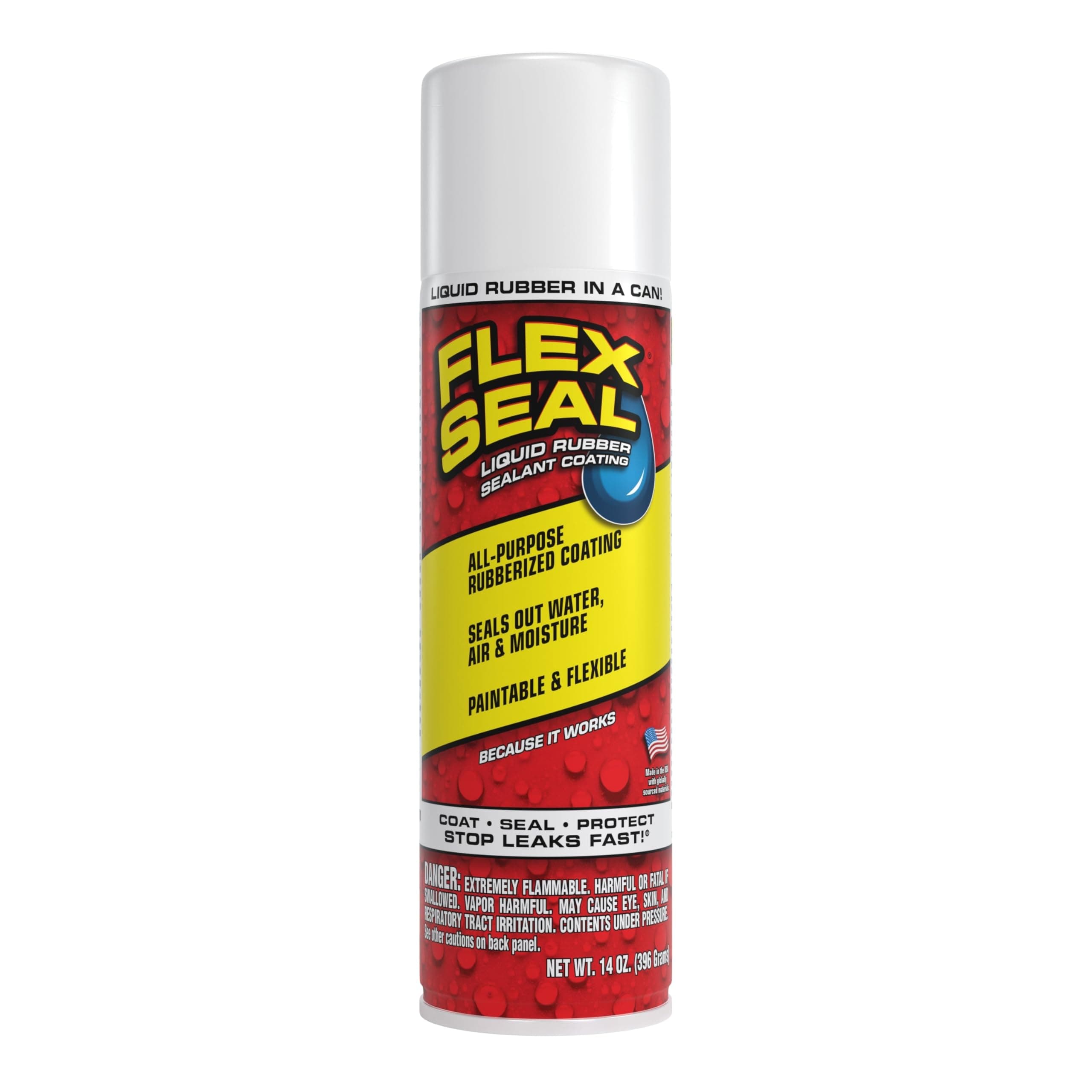 Flex Seal, 14 oz, White, Stop Leaks Instantly, Waterproof Rubber Spray On Sealant Coating, Perfect for Gutters, Wood, RV, Campers, Roof Repair, Skylights, Windows, and More