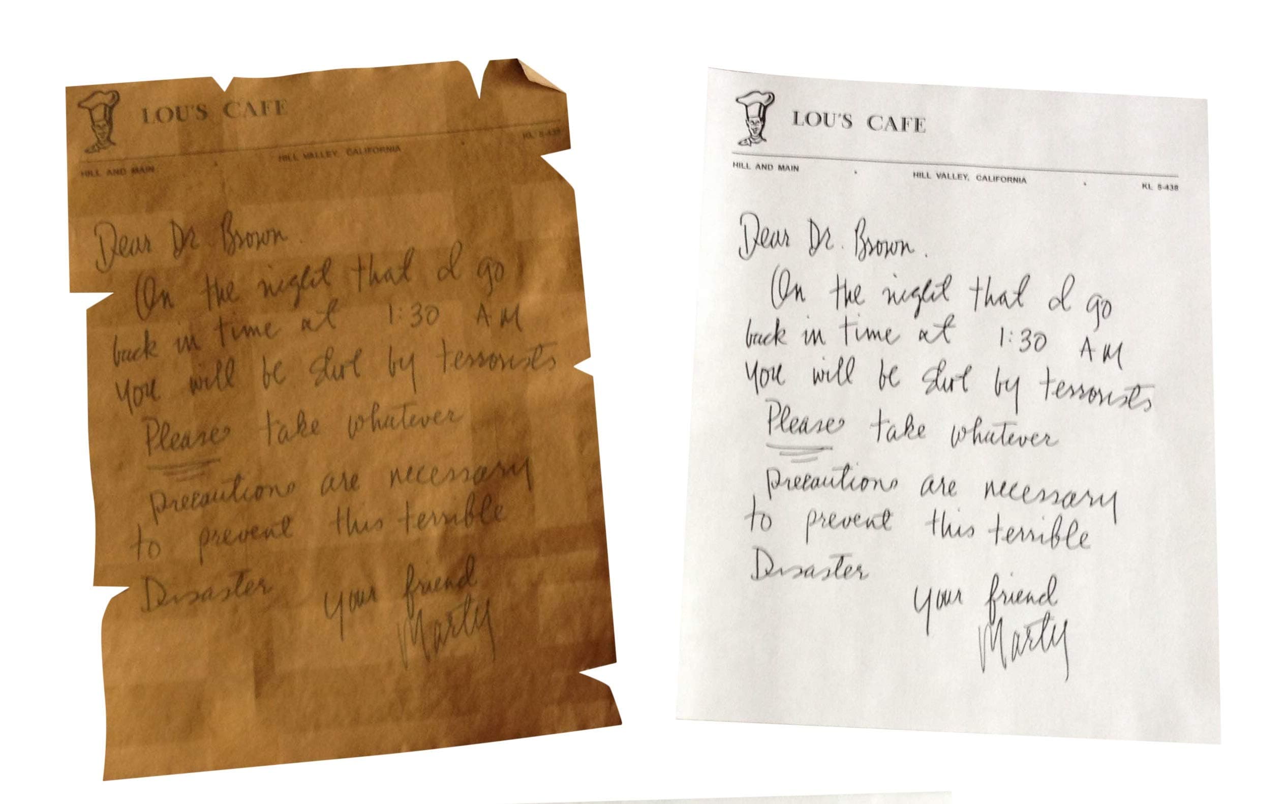 Marty McFly written warning letter to Doc Brown with 1955 Lou's Cafe/Hill Valley letter replica movie prop