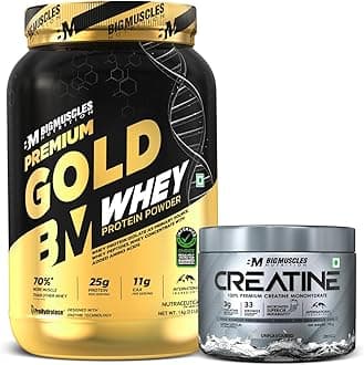 Bigmuscles Nutrition Premium Gold Whey [1 Kilogram] [Chocolate] & Creatine (100g, 33 Servings, Unflavoured) Combo | Informed Choice UK Certified | 3rd Party Lab Tested