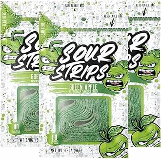 Sour Strips Sour Candy Belts, Green Apple, Resealable Candy Bags, 3.4 Ounce (Pack of 3)