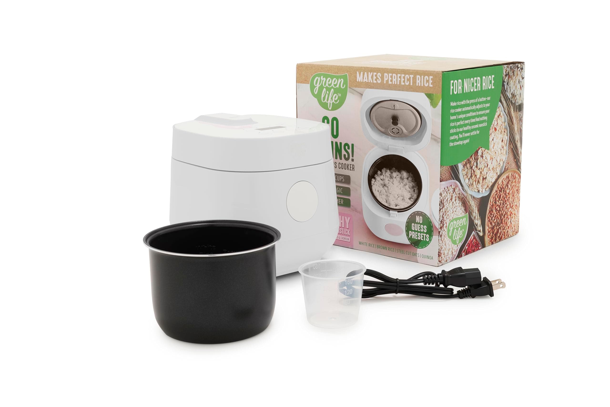 Digital Rice Cooker, 2-Cups Uncooked/4-Cups Cooked, Removable Nonstick Ceramic PFAS-Free Pot, One-Touch Presets, Oats, Quinoa, Brown Rice, Auto Keep Warm, Fuzzy Logic Tech, 1.5QT, White