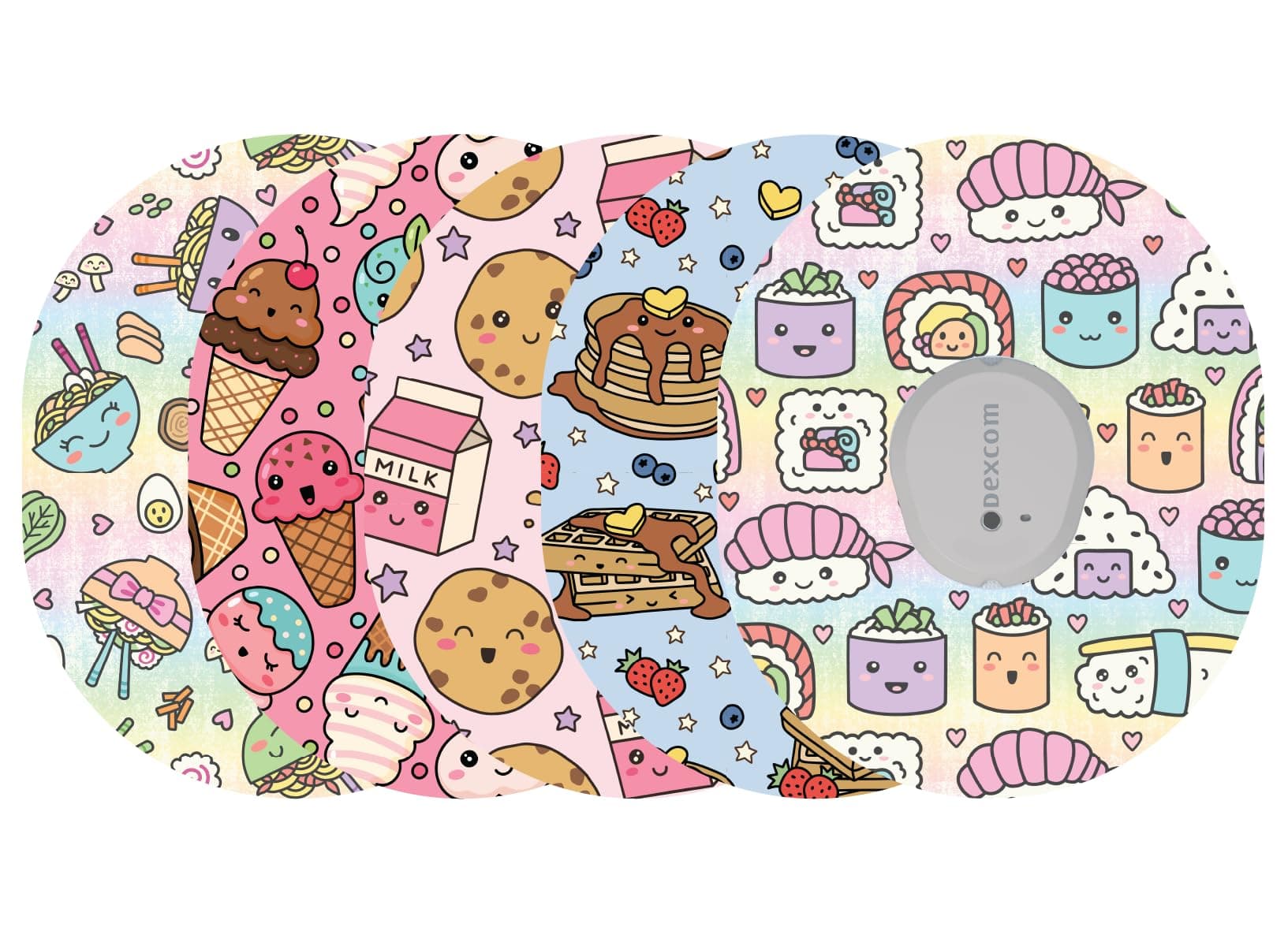 Adhesive Patches for Dexcom G7, Stelo & Infusion Sets – 5-Pack Waterproof, Sweatproof CGM Overpatches – Hypoallergenic CGM Patches (Kawaii Foods)