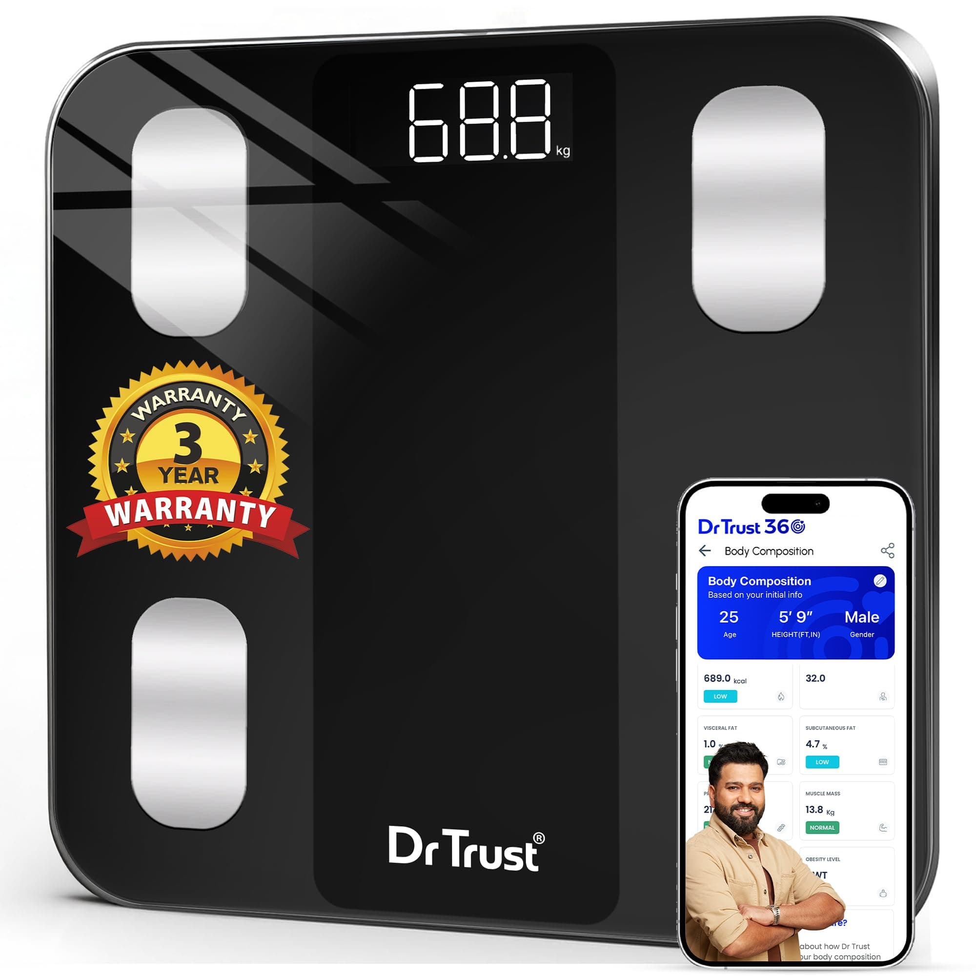Dr Trust USA Legend BMI Weight Scale & Body Fat Analyzer with IOS/Android App Sync, 14 Essential Composition Metrics Weighing Machine -526 for Home Health Monitoring (Black)
