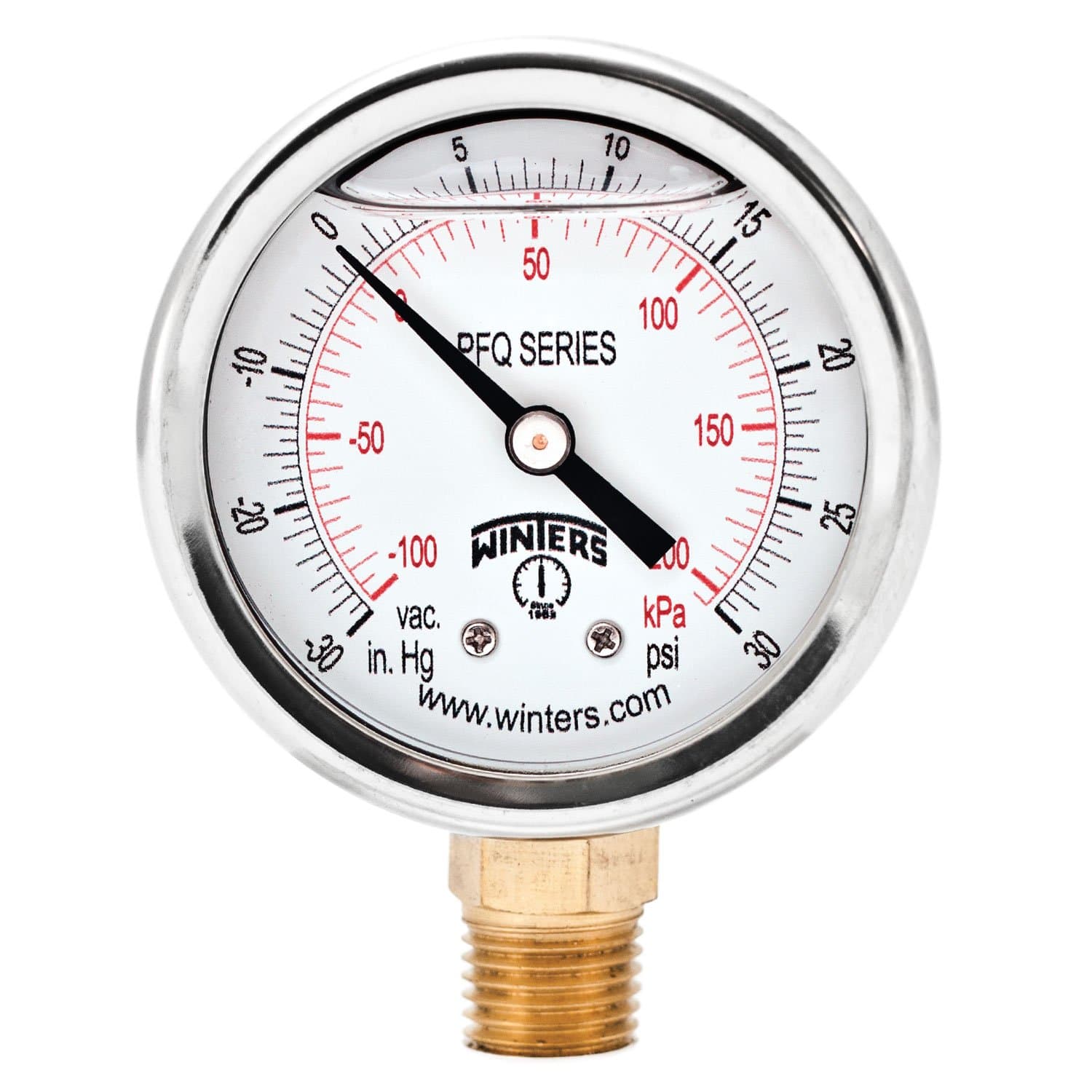 Winters 2-1/2" Dial Size, Liquid Filled Industrial Pressure Gauge, Brass Internals, 304 Stainless Steel Case, Dual Scale 30" Hg-0-30 psi/kPa, 1.5% Acc, 1/4" NPT Bottom Mount, Pressure and Vacuum Gauge