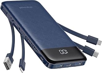 charmast Portable Charger with Built in Cables, Power Bank with Cords Wires, Slim 10000mAh Travel Battery Pack 6 Outputs 3 Inputs 3A Fast Charging for Samsung Google Pixel LG Moto iPhone iPad