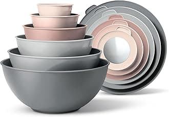 Mixing Bowls with TPR Lids - 12 Piece Plastic Nesting Bowls Set includes 6 Prep Bowls and 6 Lids, Microwave Safe Mixing Bowl Set (Pink Ombre)
