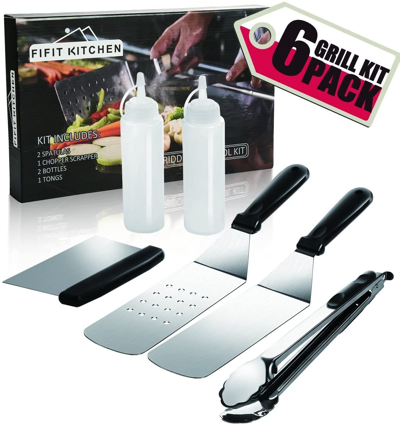 Grill Griddle Accessories BBQ Tool Kit-6 Piece Stainless Steel Grilling Utensils Set-2 Spatulas,1 Tongs,1 Chopper Scrapper,2 Bottle-Fits for Flat Top Cooking,Camping,Teppanyaki Grills and Griddle