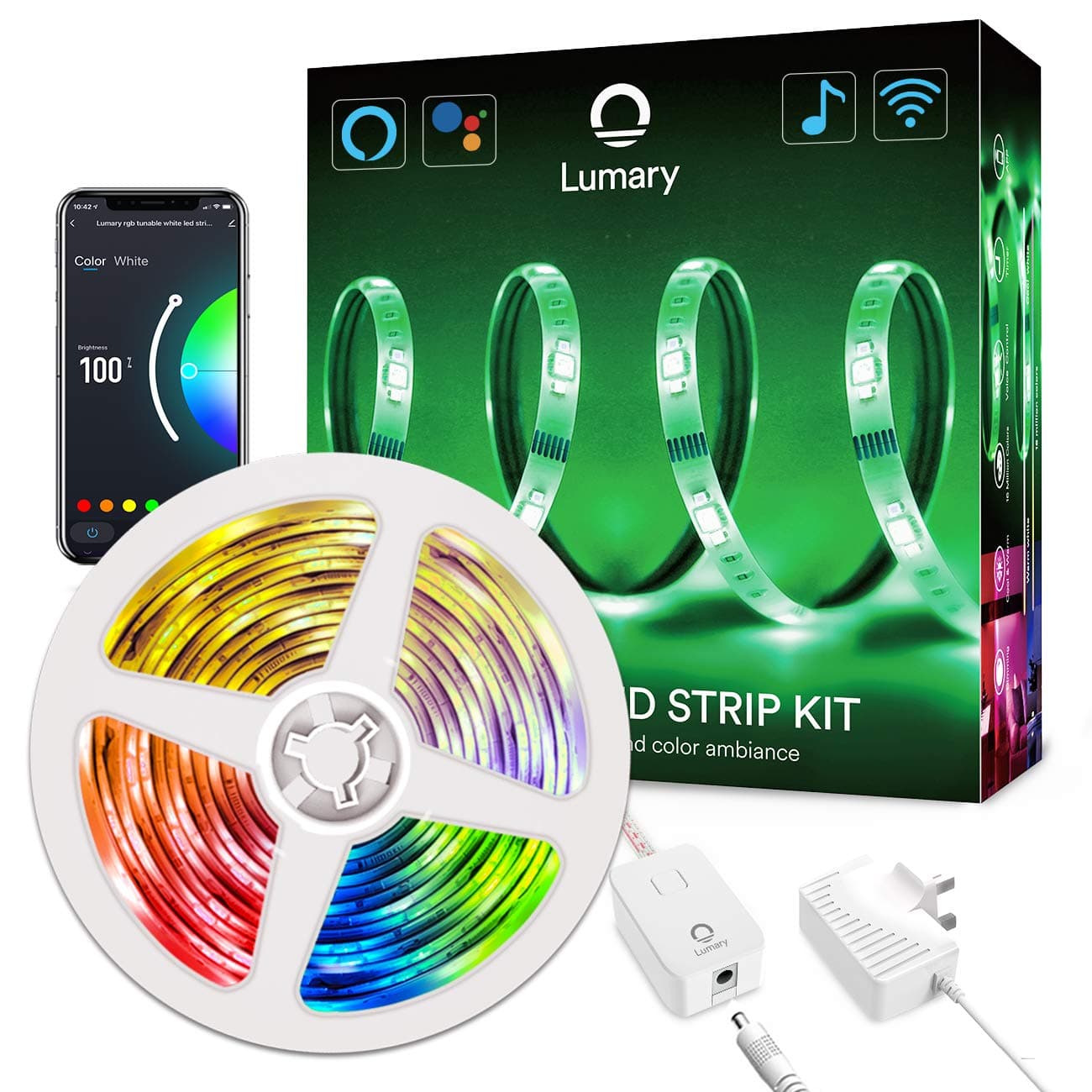 Lumary Led Lights Strip 2M(6.6FT) LED Lighting Strip WiFi RGB+WW+CW Strip Light Smart Dimmable with Remote Control Compatible with Alexa/Google Assistant (Energy Class A++) [Energy Class A++]