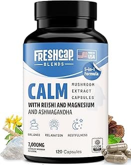 FreshCap Calm for Adults - Calm w/Reishi, Ashwagandha, St. John’s Wort, Lemon Balm, Magnesium - Balance, Relaxation & Emotional Stability -Ayurveda Daily Mushroom Supplement, Vegan - 120 Count